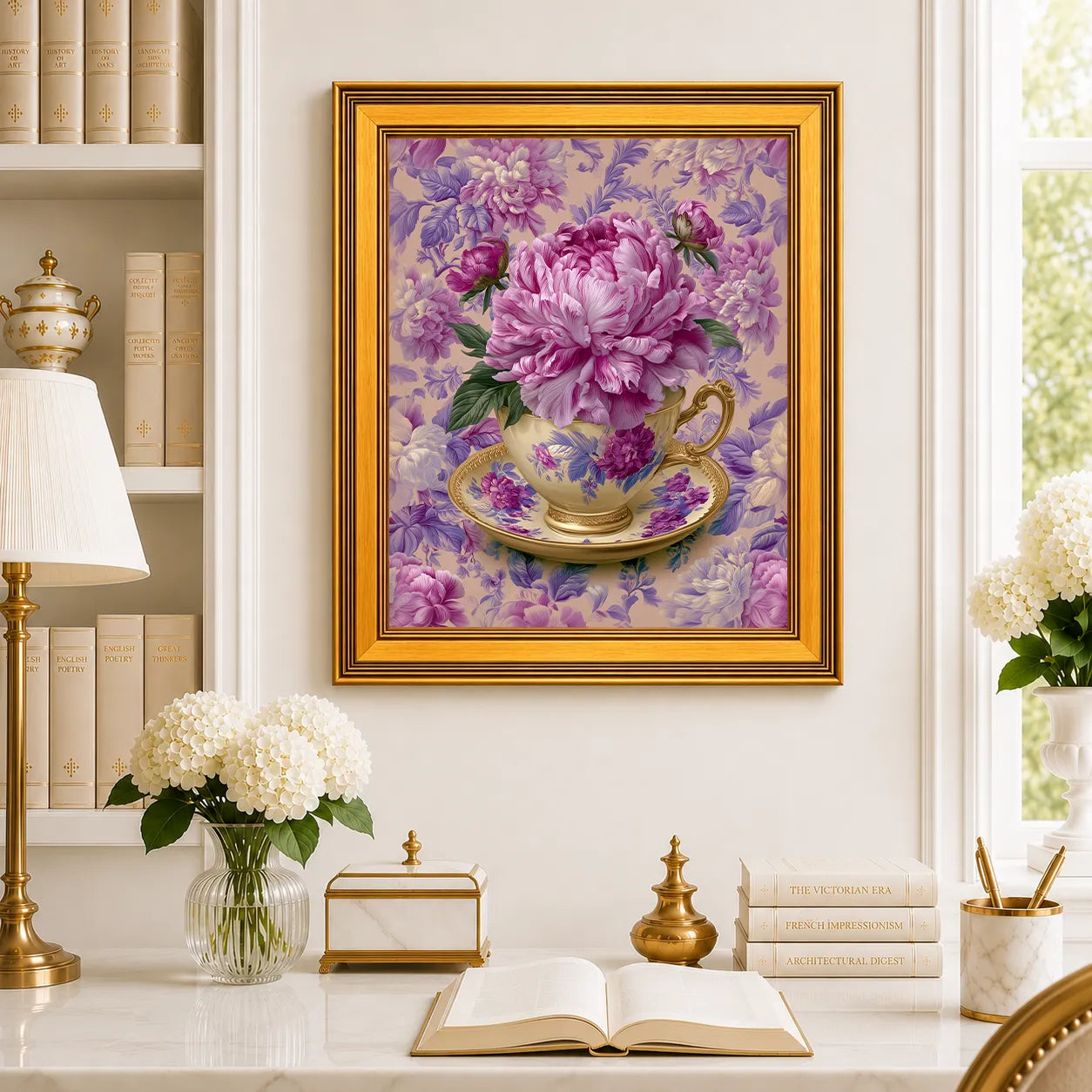 Large Peonies in an Amethyst Teacup framed wall art displayed in a traditional study with peonies, antique books, brass accents, and a burnished antique gold frame.