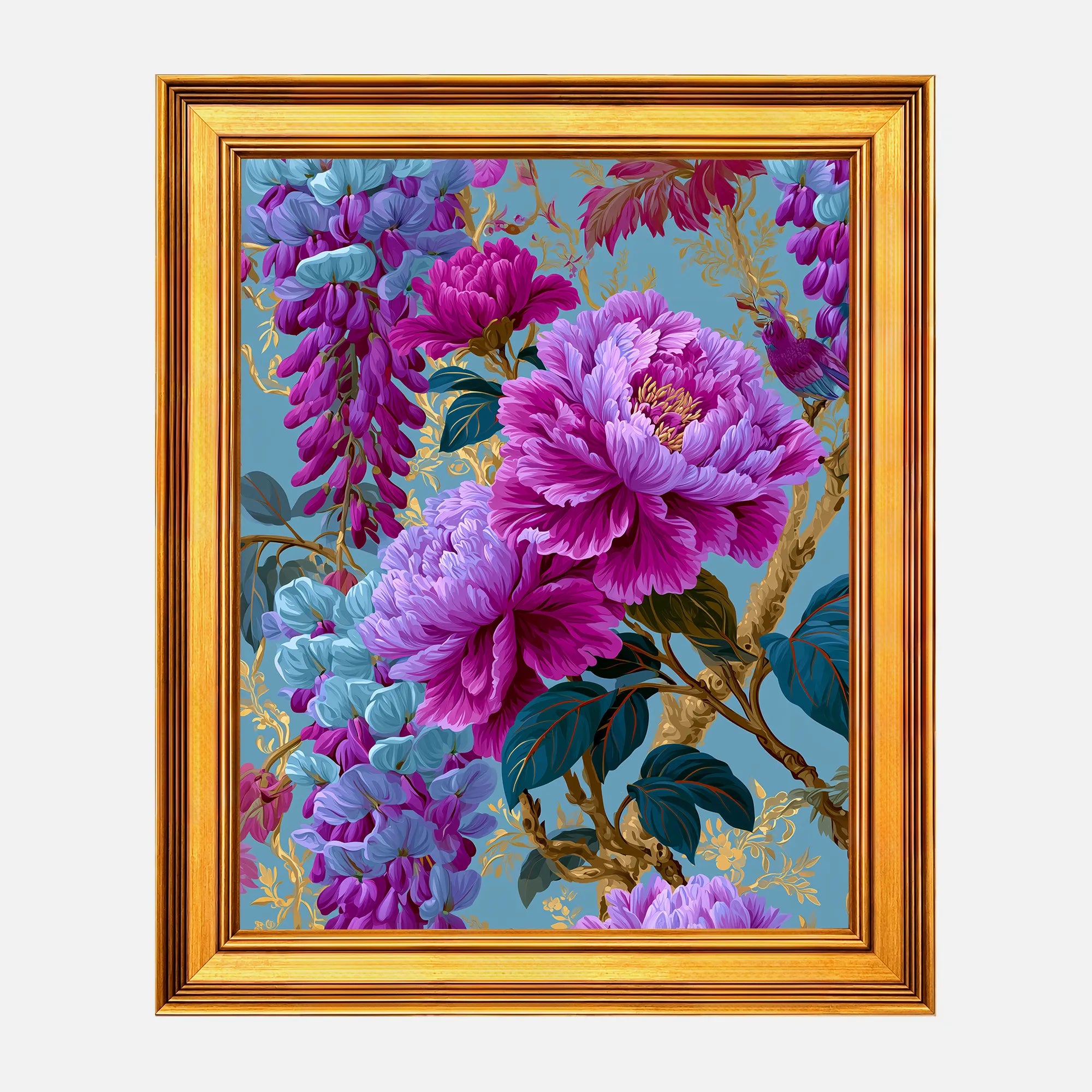 Peonies in Aqua Wisteria framed wall art in a burnished antique gold frame, 16 x 20 inch print size with 19.5 x 23.5 inch framed dimensions.