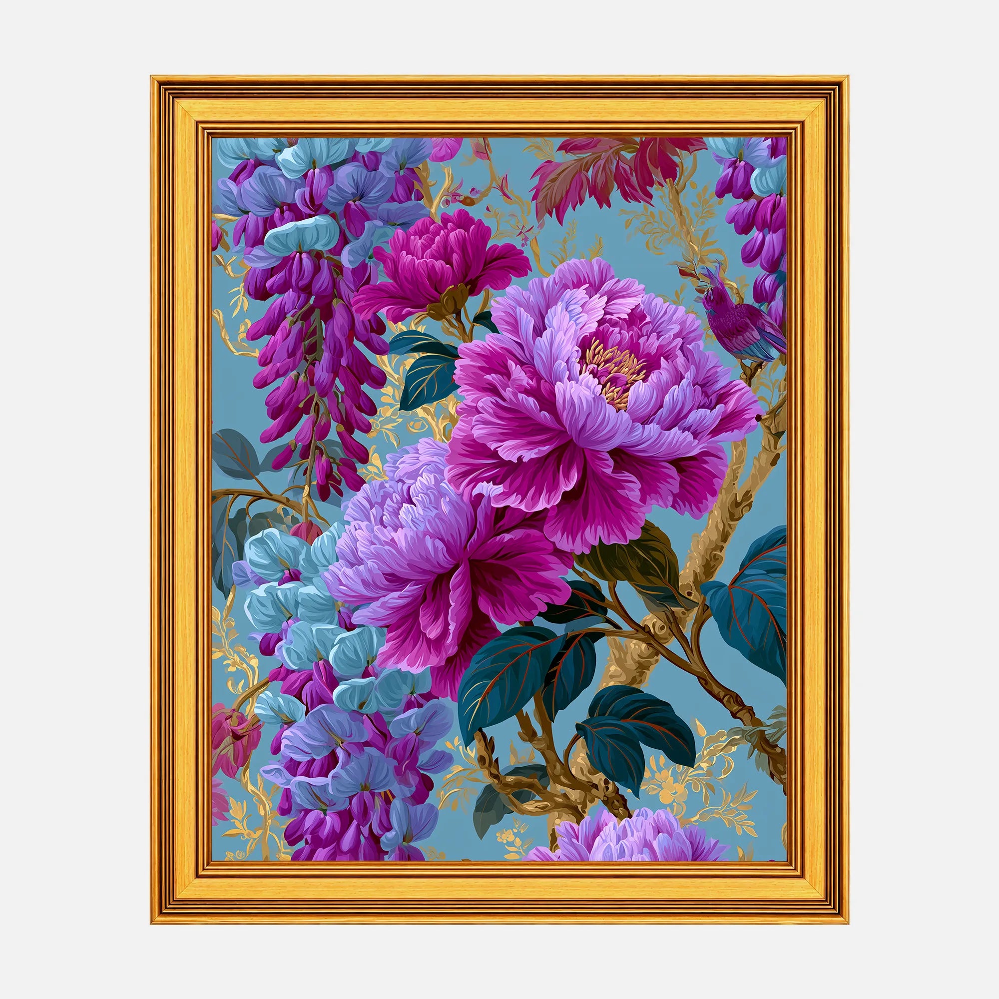 Peonies in Aqua Wisteria framed fine art print in a burnished antique gold frame, 20 x 25 inch print size with 23.5 x 28.5 inch framed dimensions.