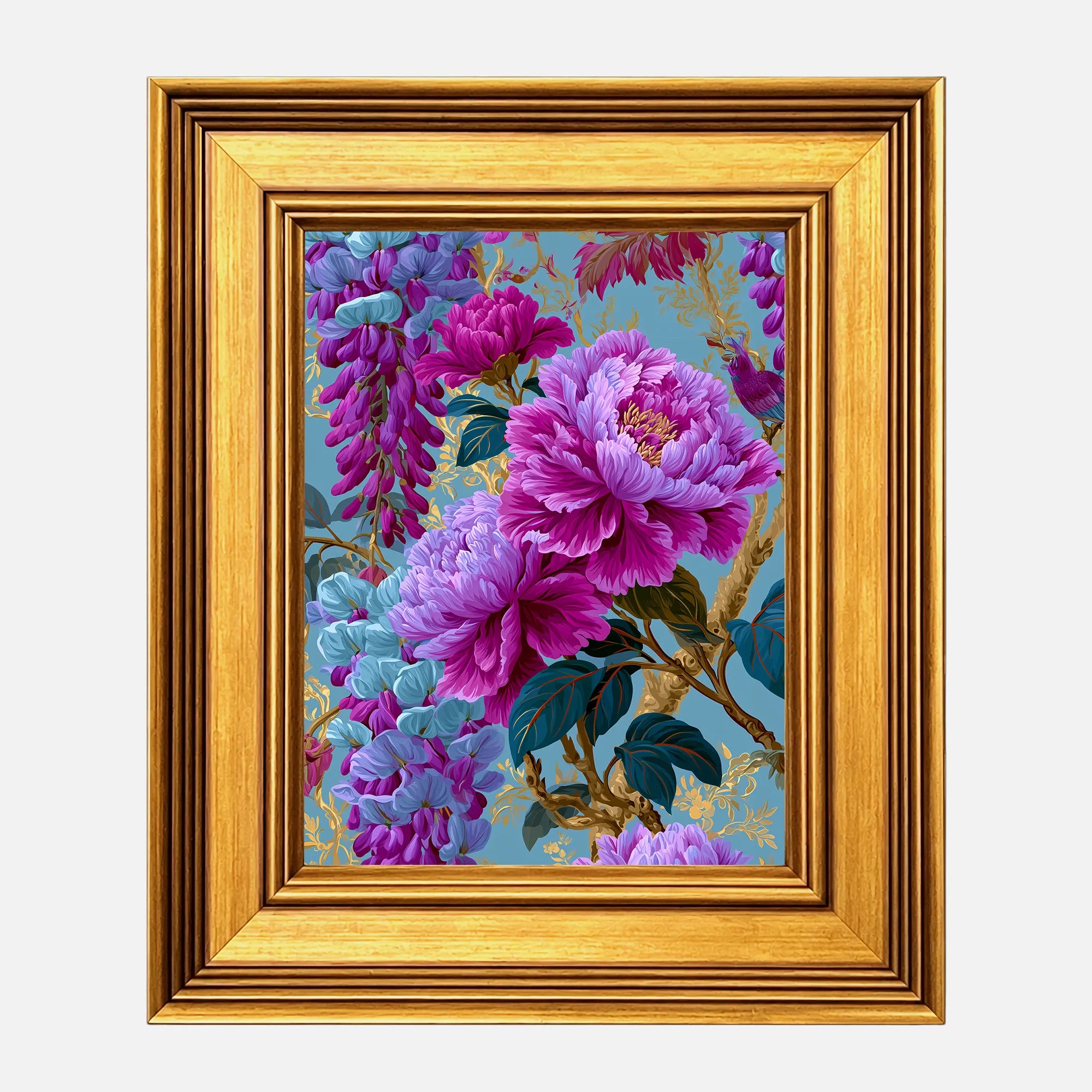 Peonies in Aqua Wisteria framed wall art in a burnished antique gold frame, 8 x 10 inch print size with 11.5 x 13.5 inch framed dimensions.