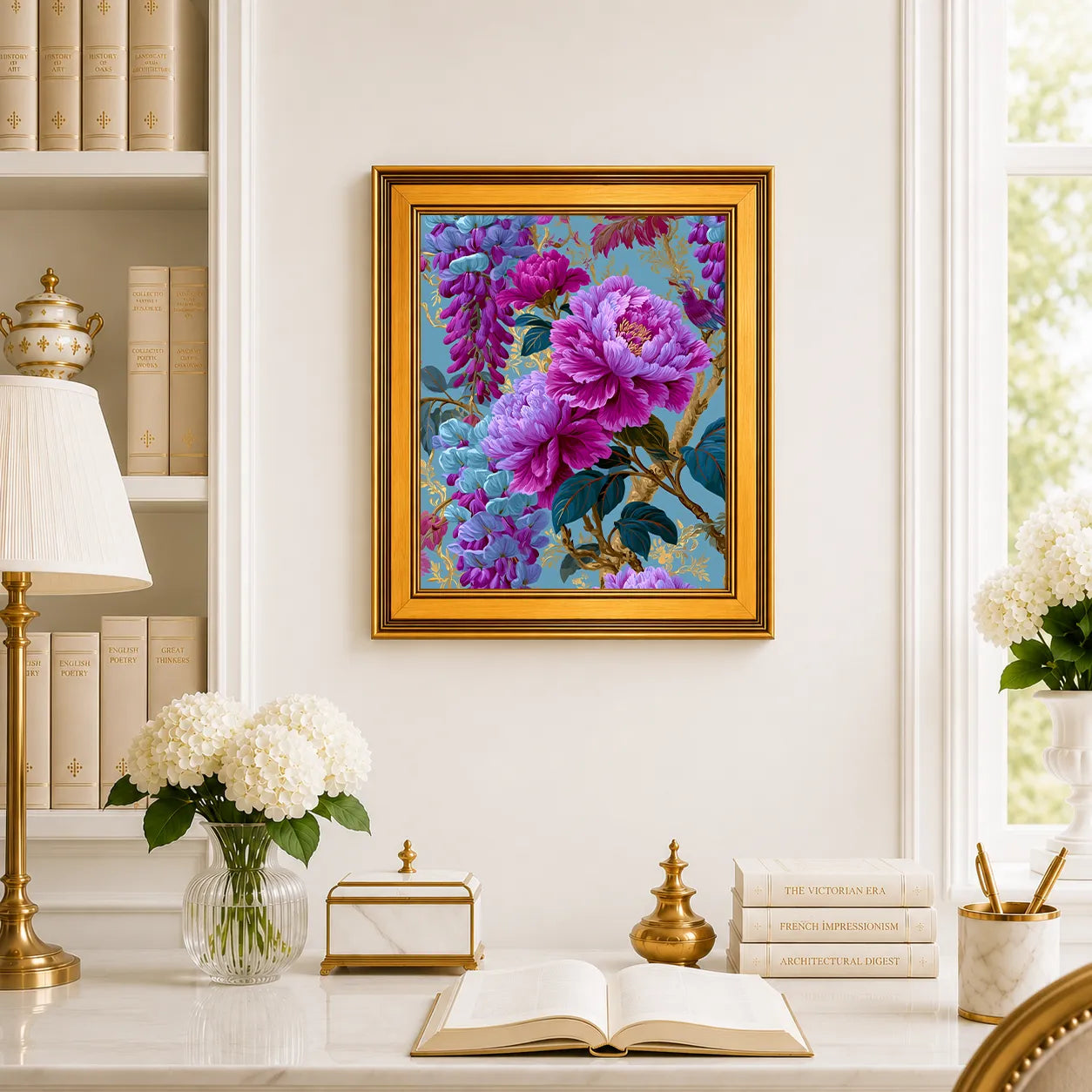 Peonies in Aqua Wisteria framed wall art displayed above a traditional desk with peonies, books, brass decor, and a burnished antique gold frame.