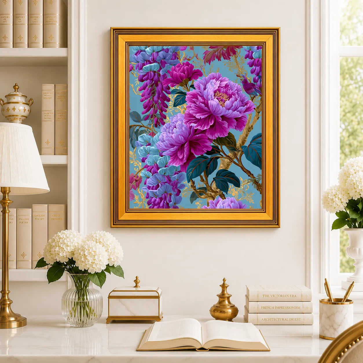 Large Peonies in Aqua Wisteria framed wall art displayed in a traditional study with peonies, antique books, brass accents, and a burnished antique gold frame.