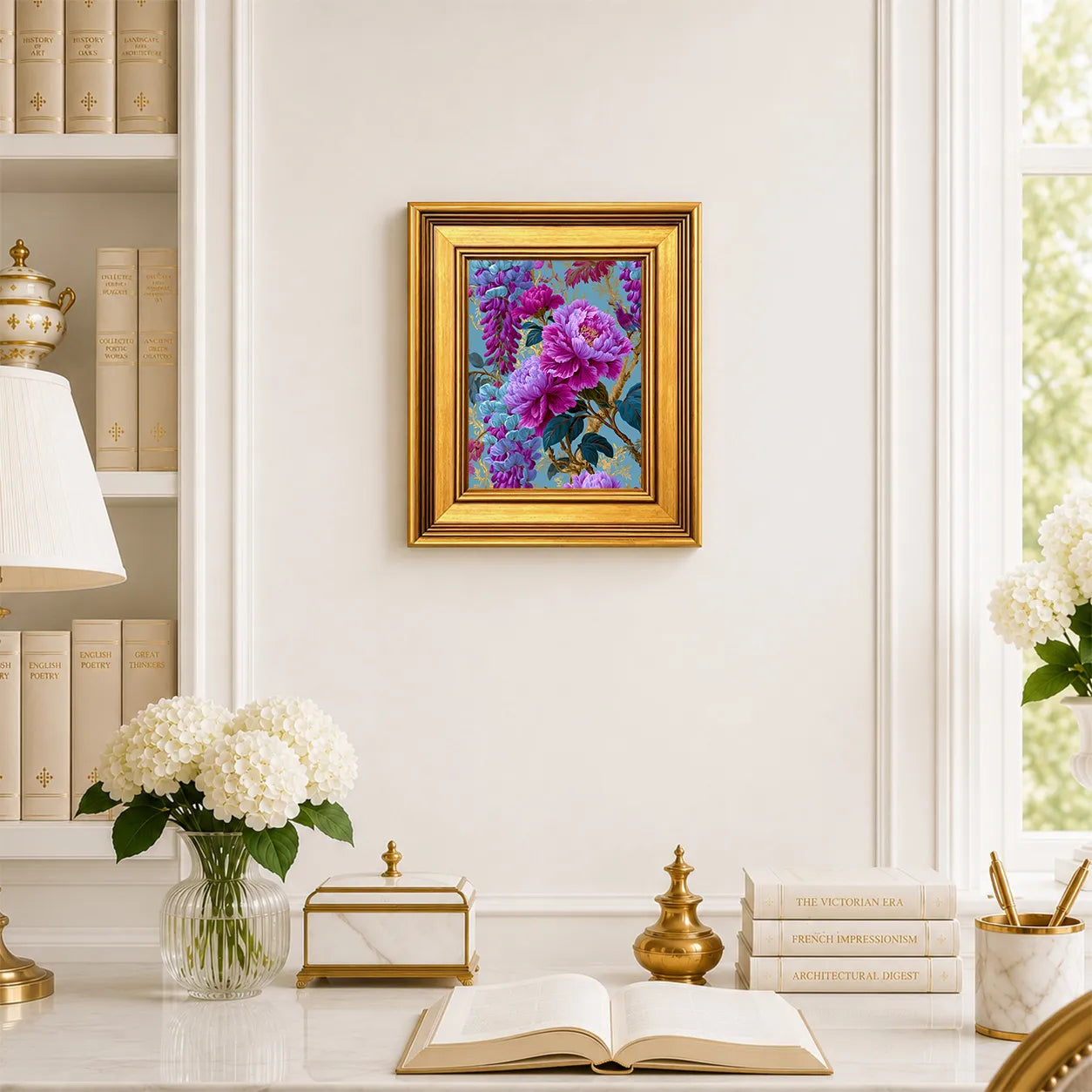 Small Peonies in Aqua Wisteria framed wall art displayed in an elegant traditional study with antique books, peonies, brass accents, and a burnished antique gold frame.