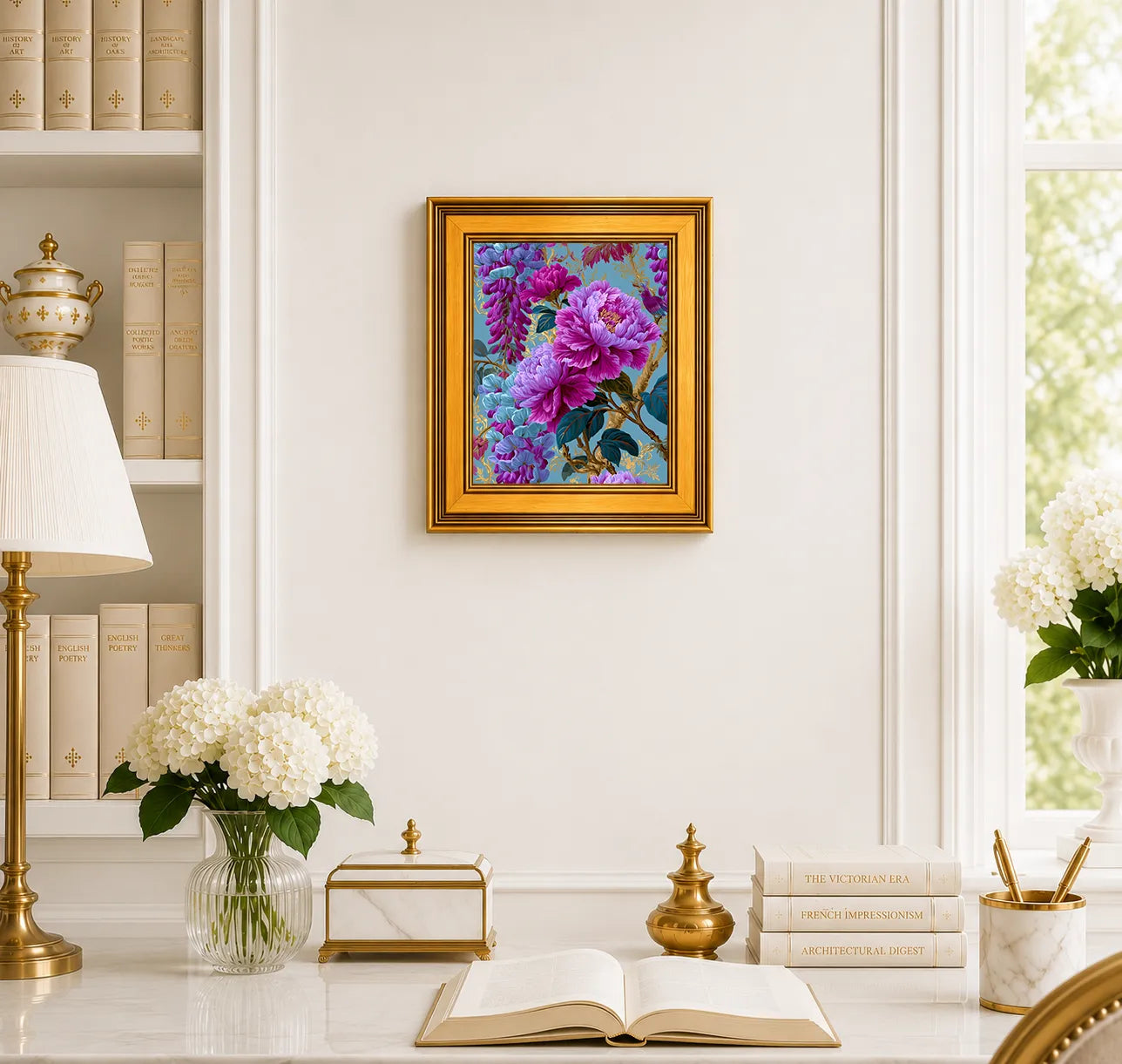 Small Peonies in Aqua Wisteria framed wall art displayed in an elegant traditional study with antique books, peonies, brass accents, and a burnished antique gold frame.
