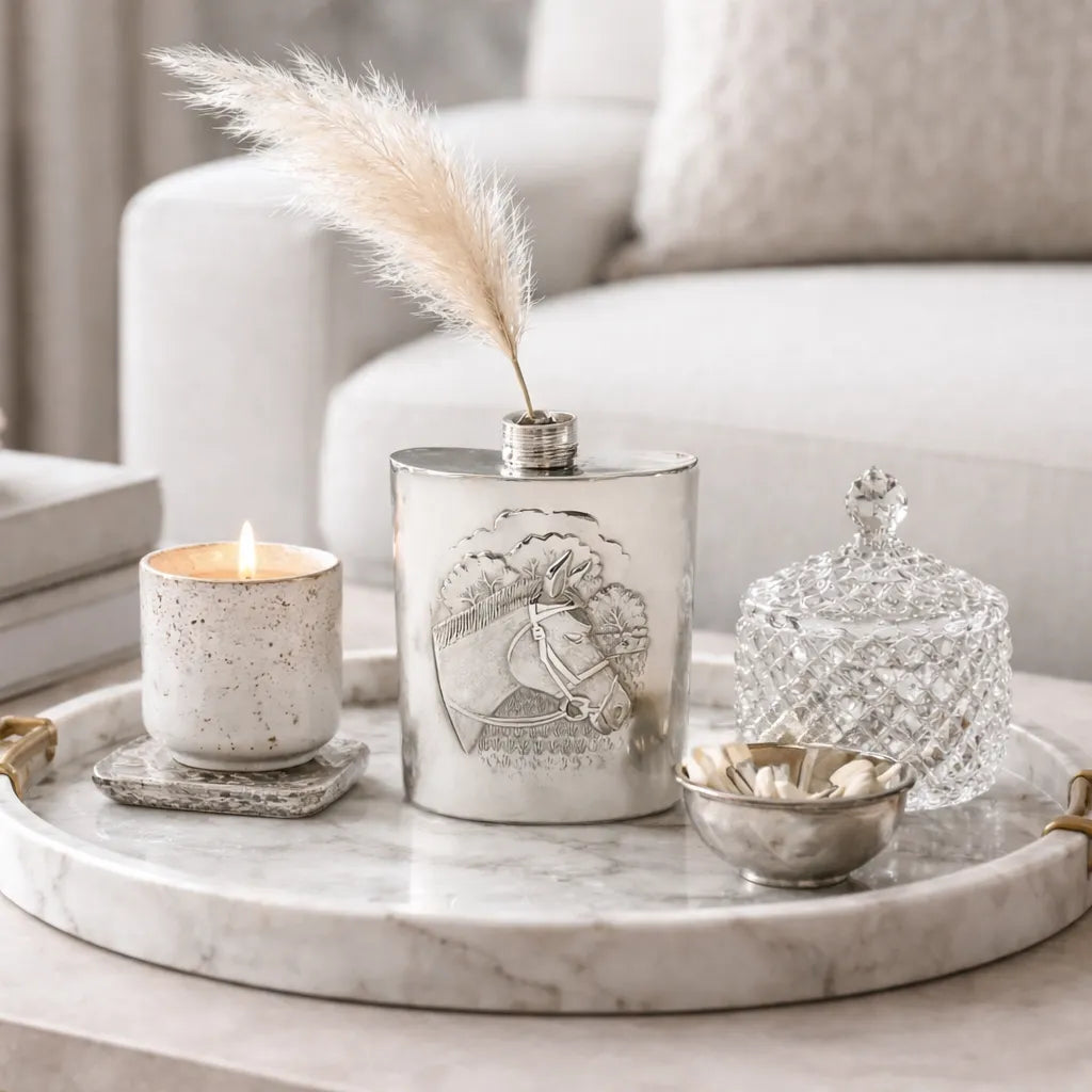Decorative items on a marble tray including a pewter horse flask with pampas grass stem, candle, decorative jar, and small bowl.