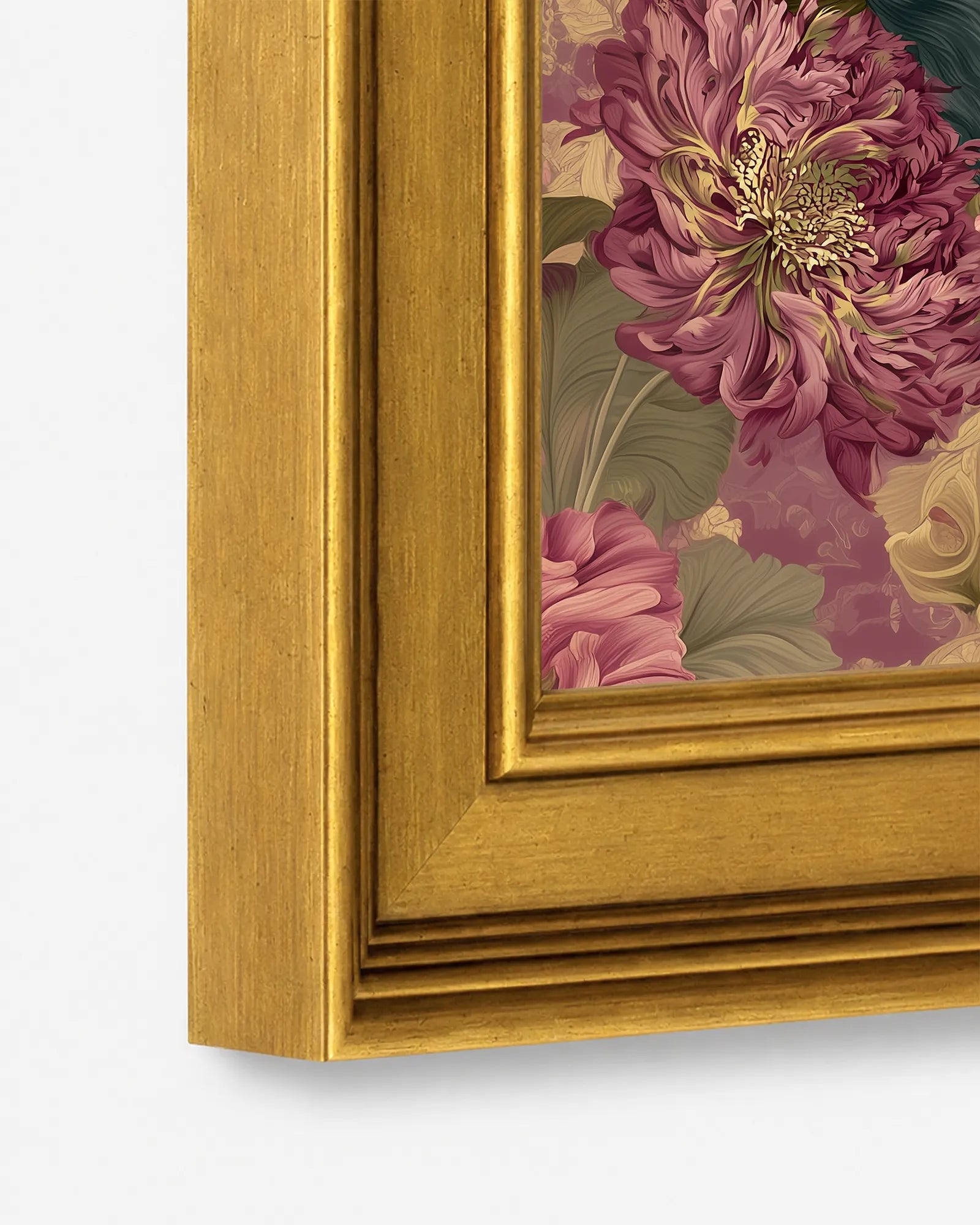 Close-up detail of the burnished antique gold wood frame used for Pig in Jewel Peonies framed farmhouse wall art, showing the profile, finish, and craftsmanship.