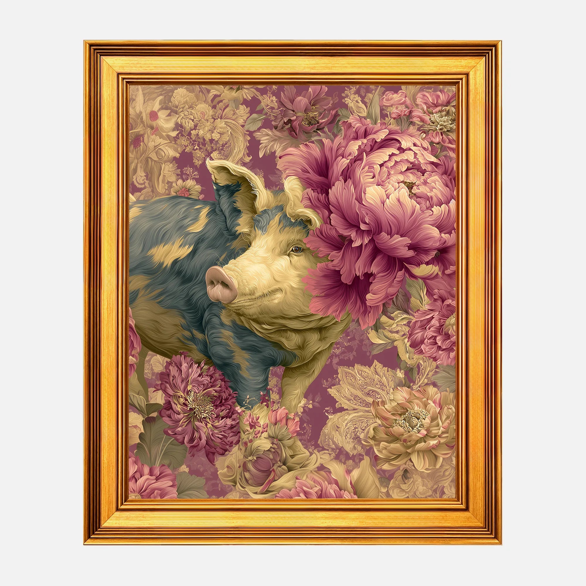 Pig in Jewel Peonies framed floral pig wall art in a burnished antique gold frame, 16 x 20 inch print size with 19.5 x 23.5 inch framed dimensions.
