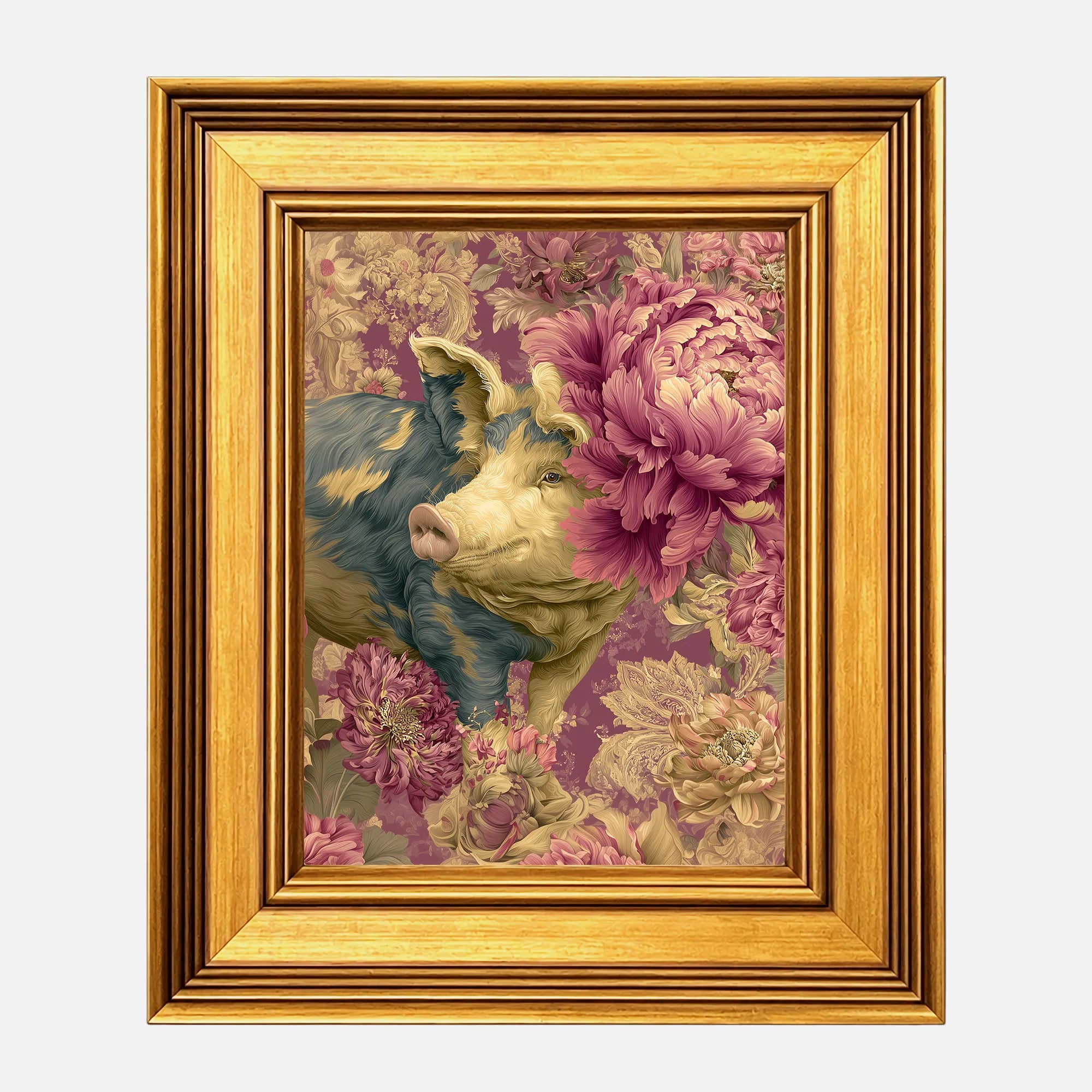 Pig in Jewel Peonies framed floral pig wall art in a burnished antique gold frame, 8 x 10 inch print size with 11.5 x 13.5 inch framed dimensions.