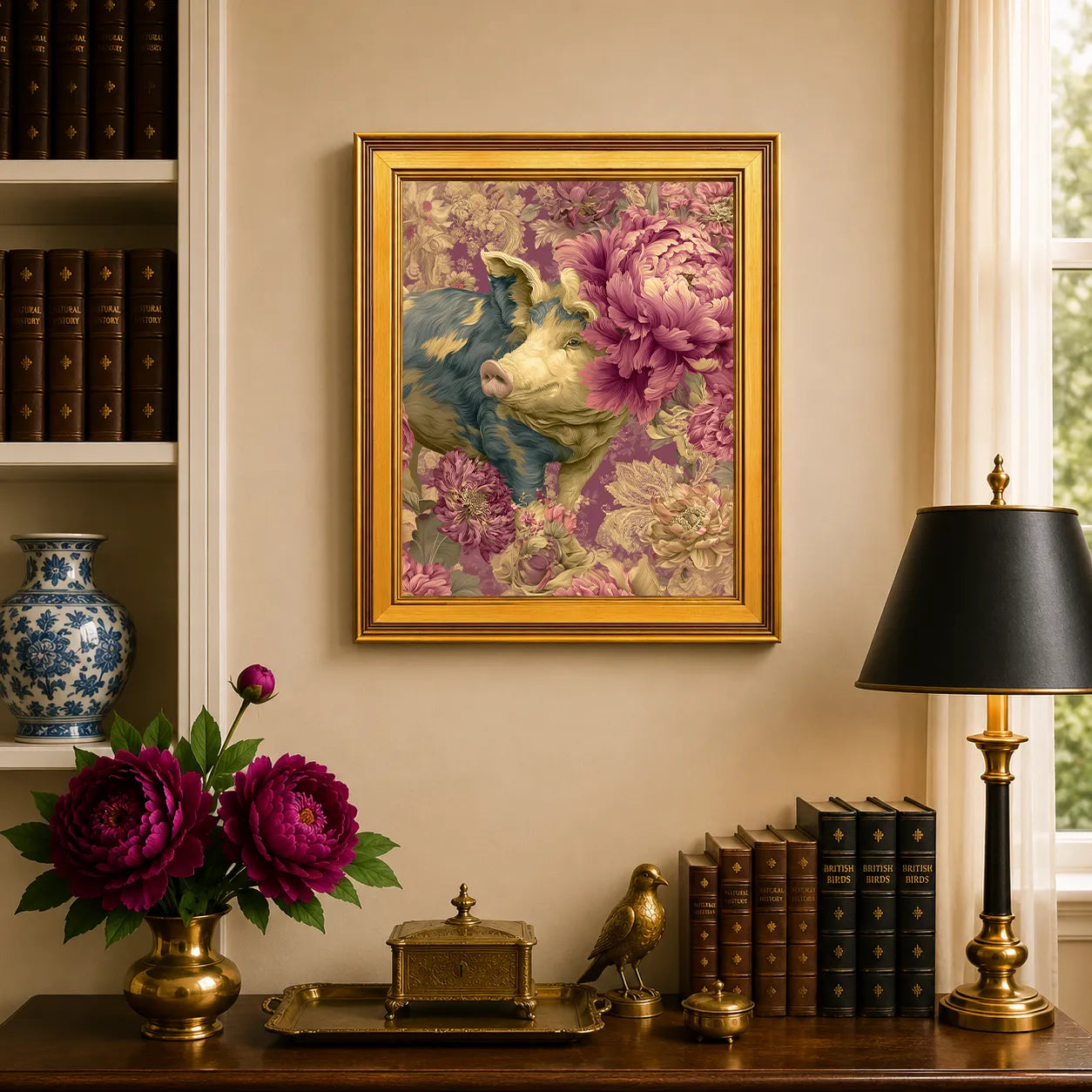 Pig in Jewel Peonies framed farmhouse wall art displayed above a traditional desk with peonies, books, brass decor, and a burnished antique gold frame.