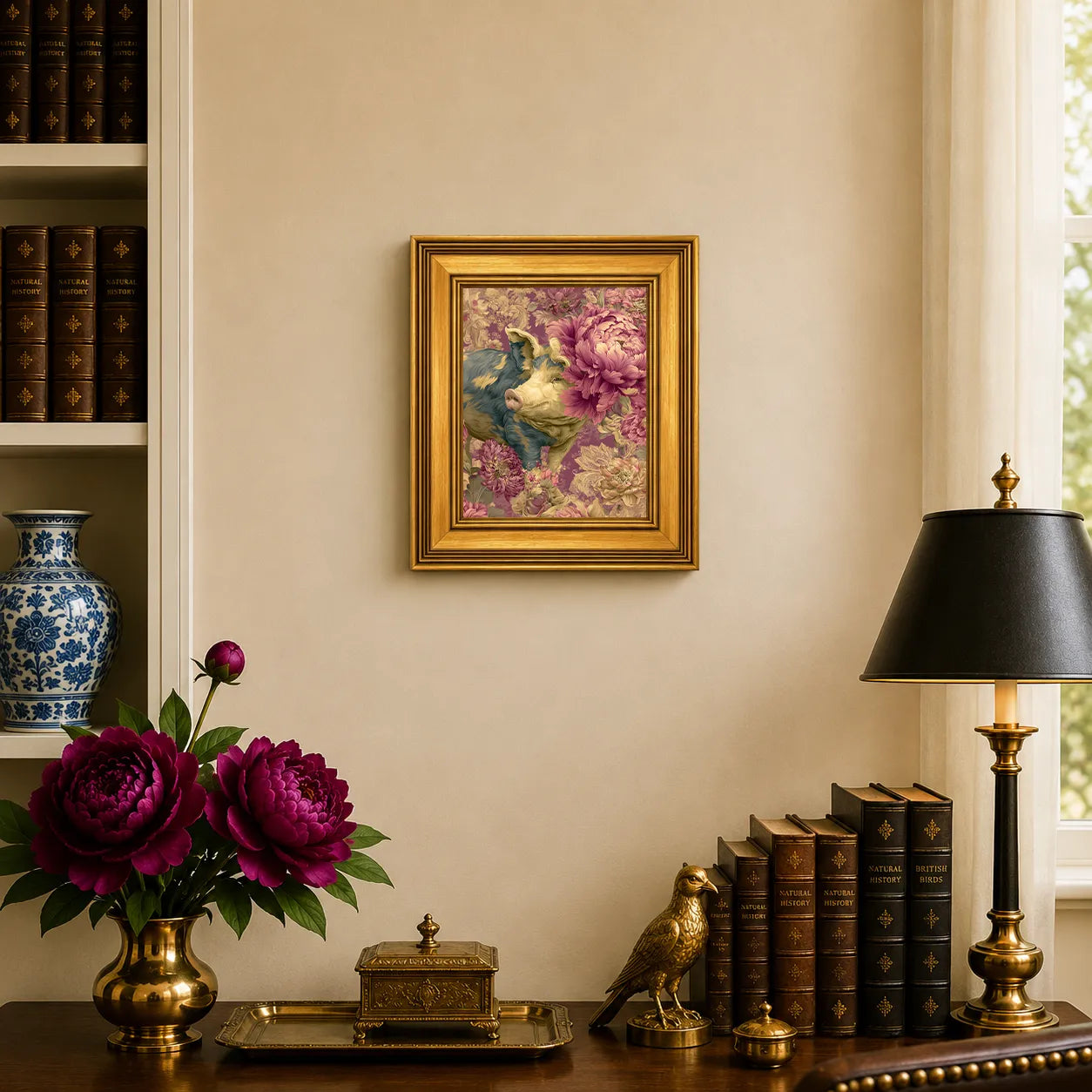Small Pig in Jewel Peonies framed farmhouse wall art displayed in an elegant traditional study with antique books, peonies, brass accents, and a burnished antique gold frame.