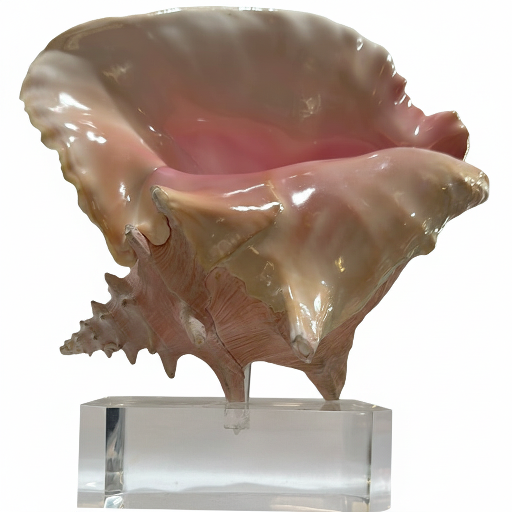 Large pink conch shell on a clear acrylic base against a white background