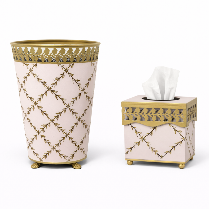 Pink Pierced Gold Leaf Wastepaper Basket & Tissue (3 Options)