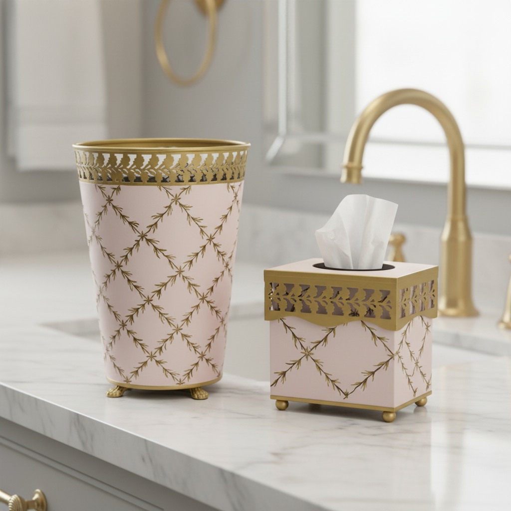 Pink and gold bathroom accessories set with trash can and tissue holder on a marble countertop.