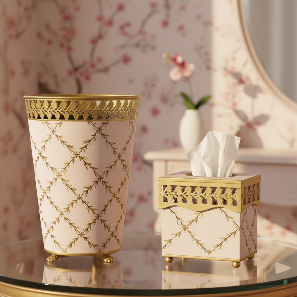 Decorative trash can and tissue box with gold accents on a table.