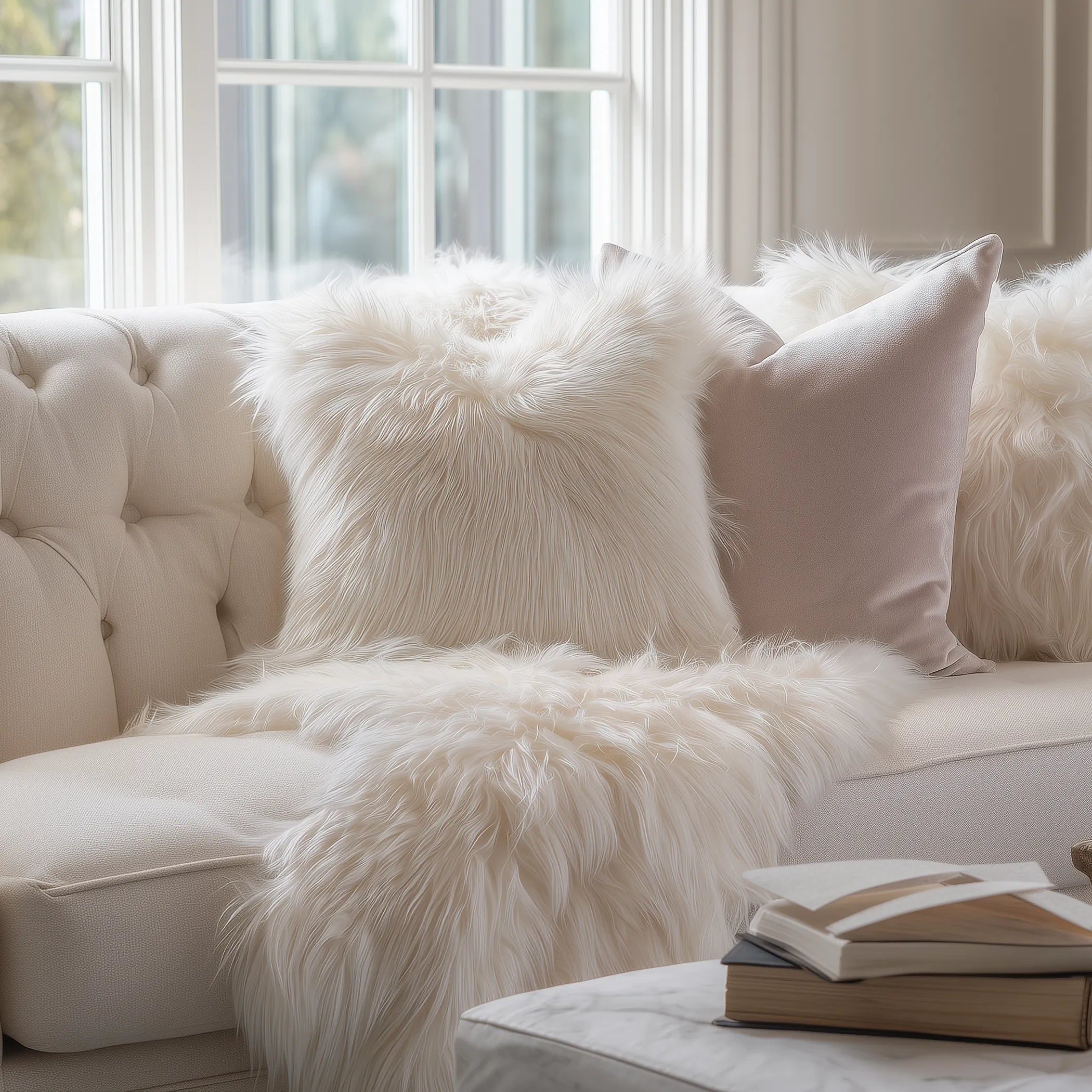 Plutus Off White Mongolian Fur Off White Animal Faux Fur Luxury Throw Pillow