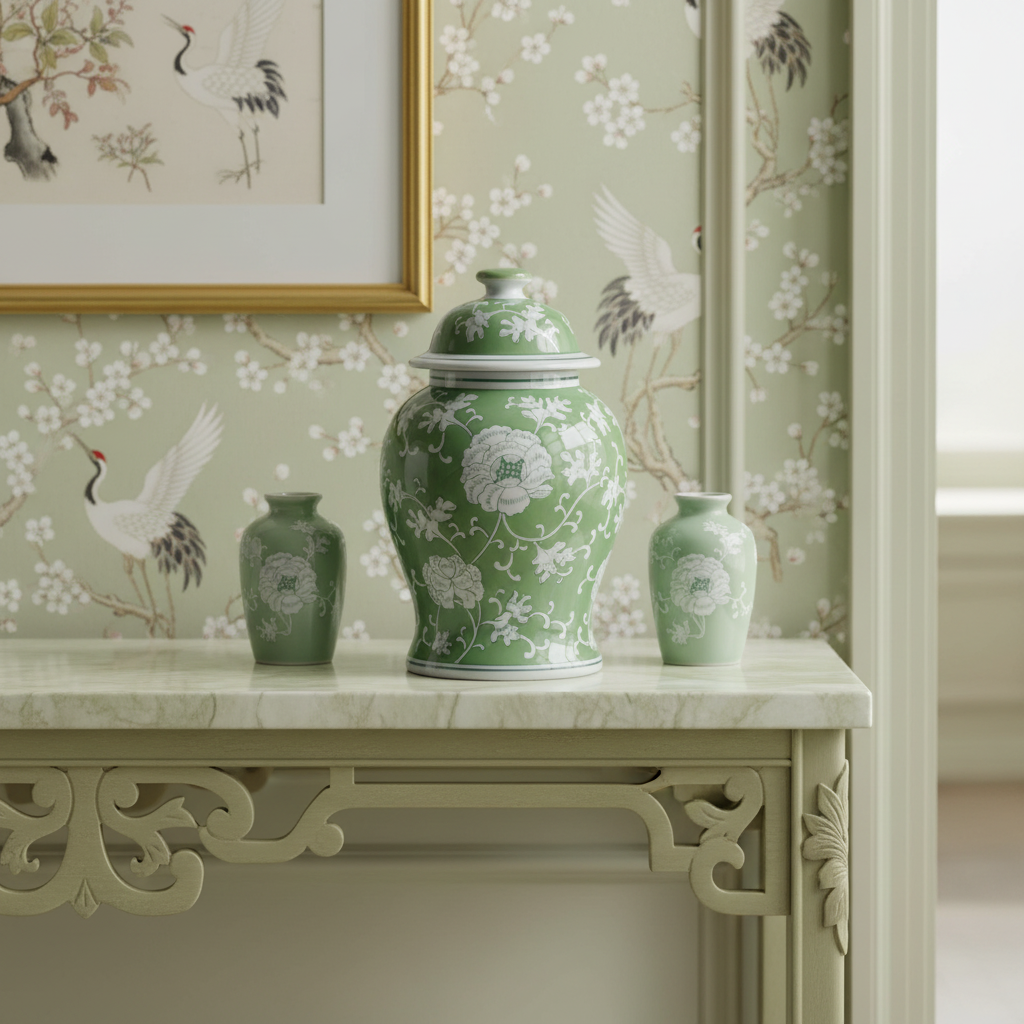 Green and white chinoiserie temple jar with floral patterns on a marble surface against a floral wallpapered wall.