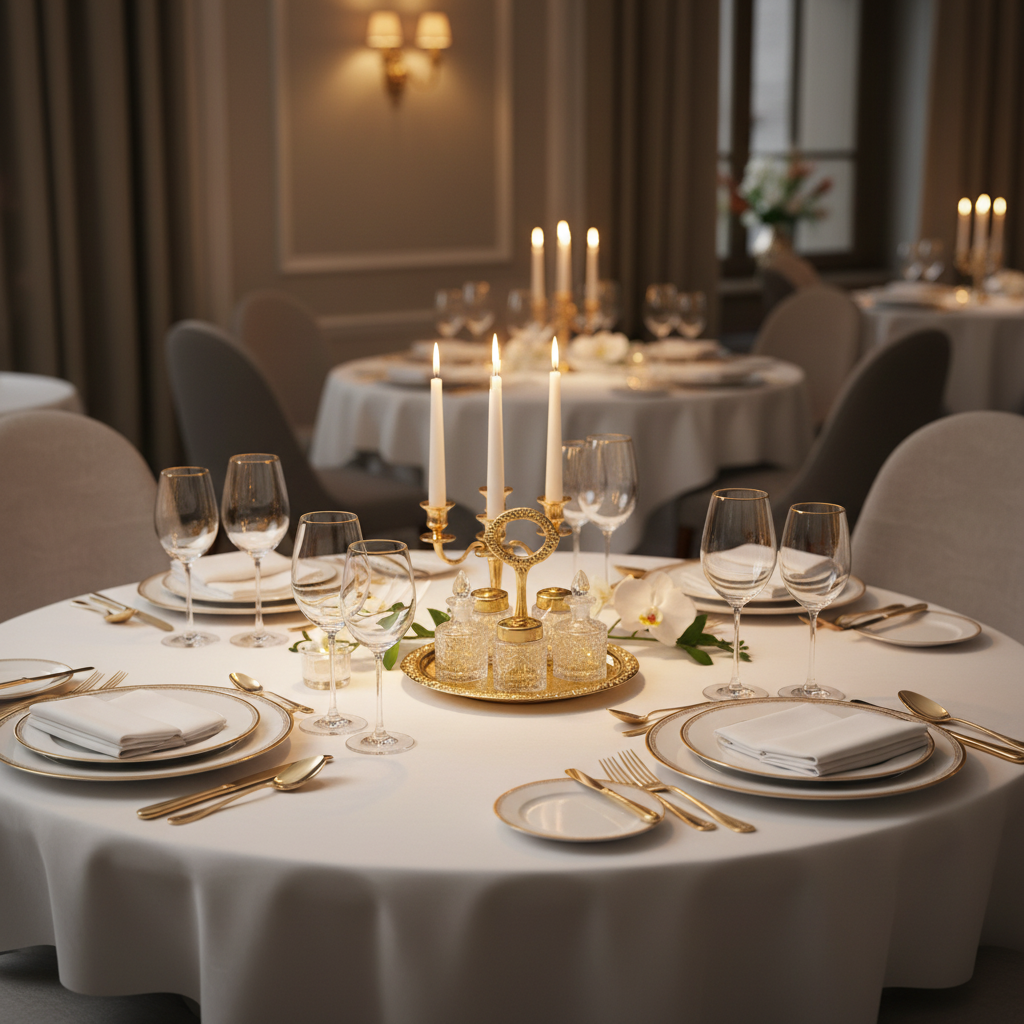Elegant table setting with Queen Anne gold finish revolving cruet set with cut glass bottles and central handle, candles and fine china in a formal dining room.