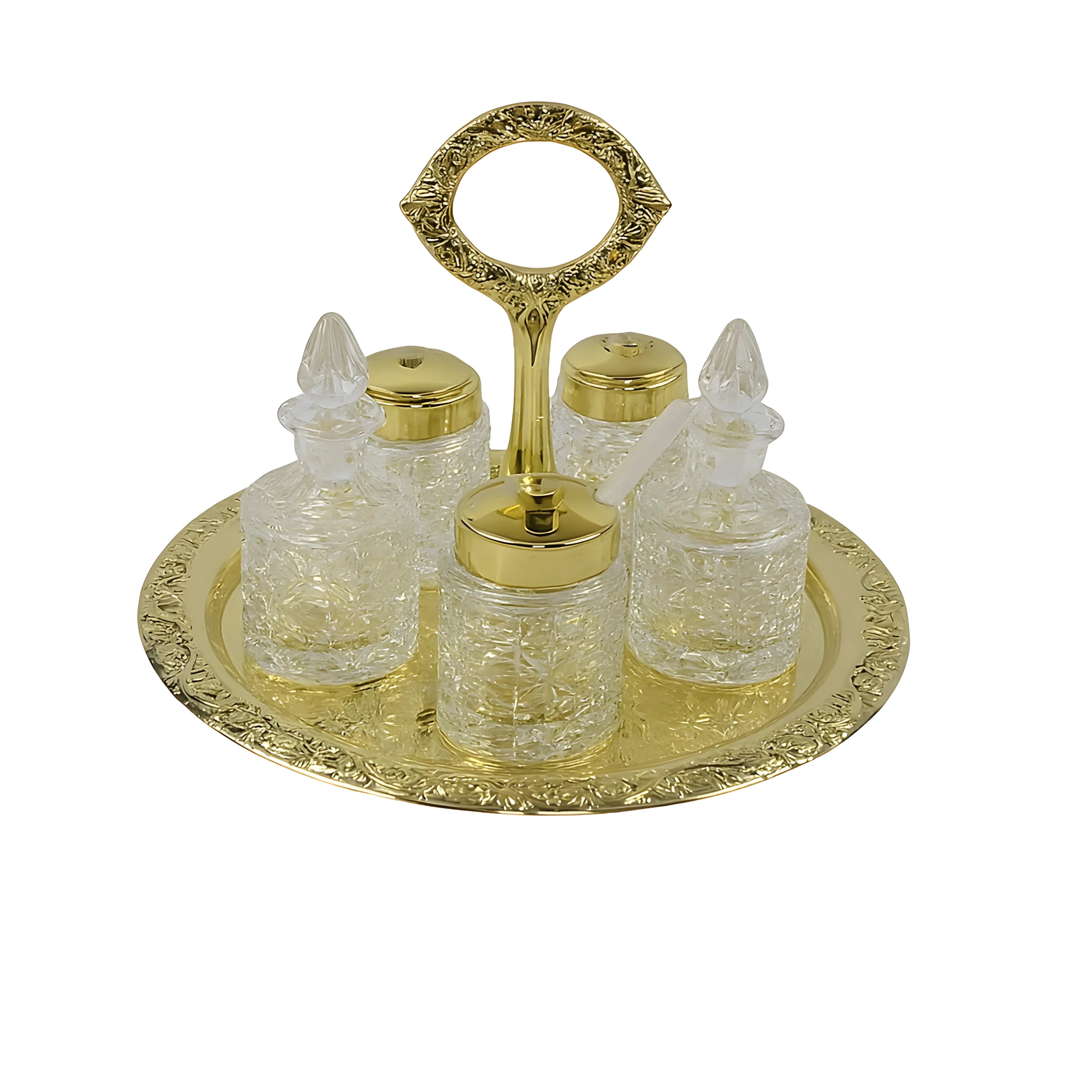 Queen Anne gold finish revolving cruet set with cut glass bottles and central handle for boutique hotel, wedding, and dining table use on a white background