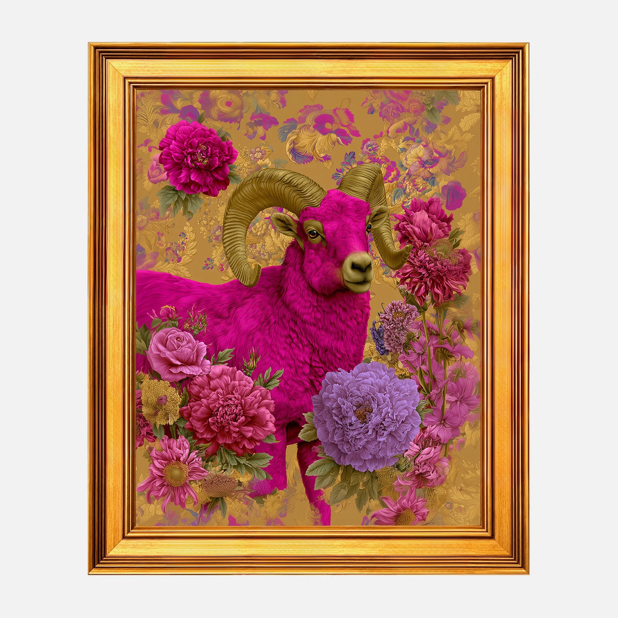 Ram in Jewel Peonies framed wall art in a burnished antique gold frame, 16 x 20 inch print size with 19.5 x 23.5 inch framed dimensions.