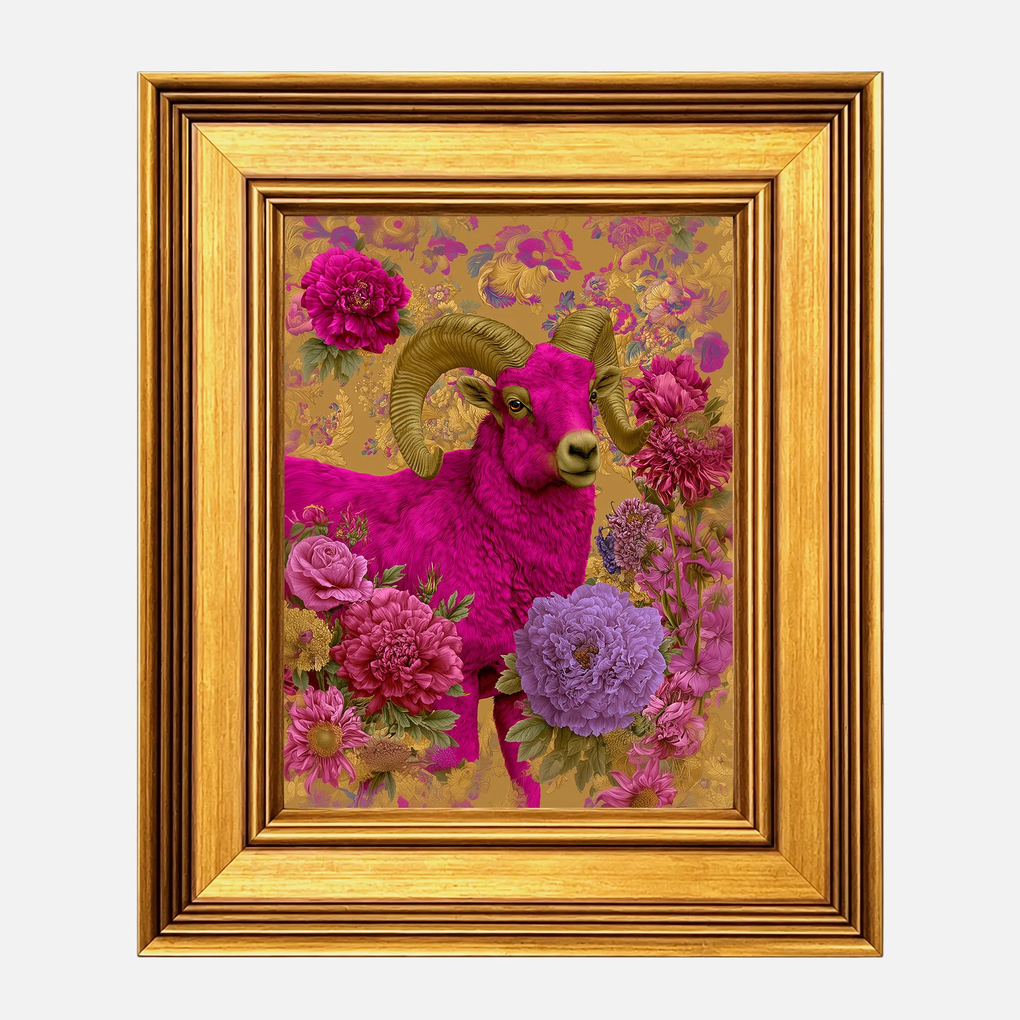 Ram in Jewel Peonies framed wall art in a burnished antique gold frame, 8 x 10 inch print size with 11.5 x 13.5 inch framed dimensions.