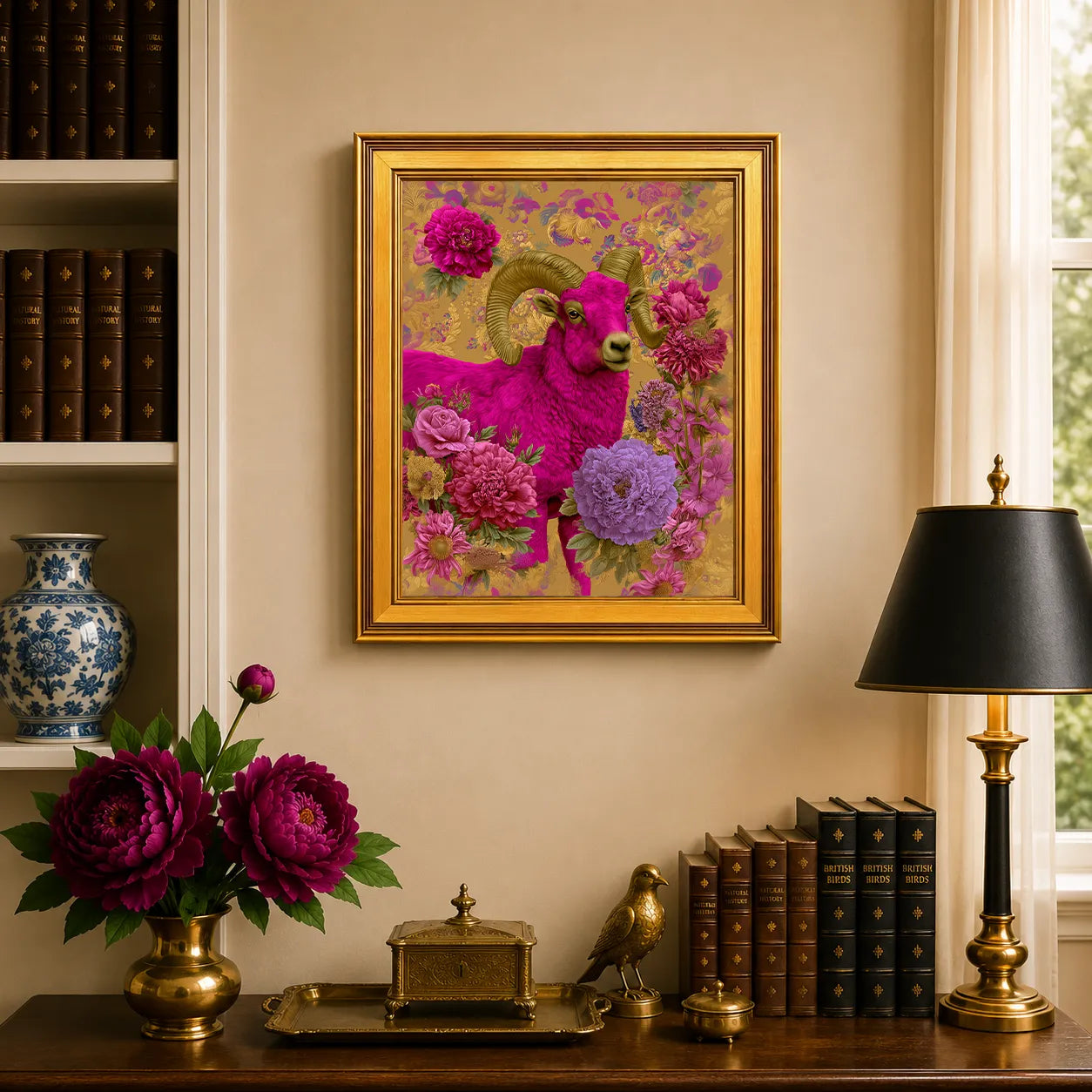 Ram in Jewel Peonies framed wall art displayed above a traditional desk with peonies, books, brass decor, and a burnished antique gold frame.