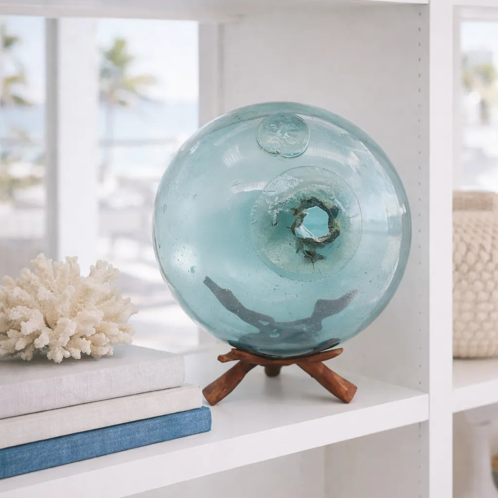 Rare original Japanese 10.5" hand-blown fishing float in a nautical coastal setting.