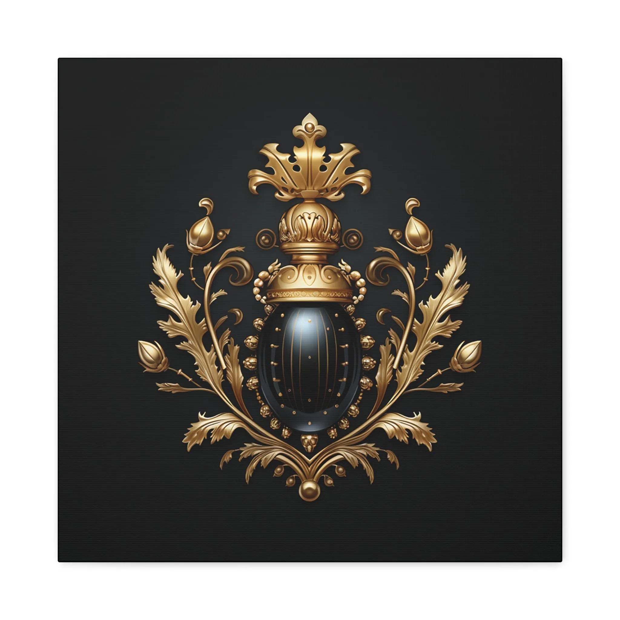 Regal ladybug emblem in black and gold on an ornate crest, displayed on a square gallery-wrapped canvas with intricate leaf detailing