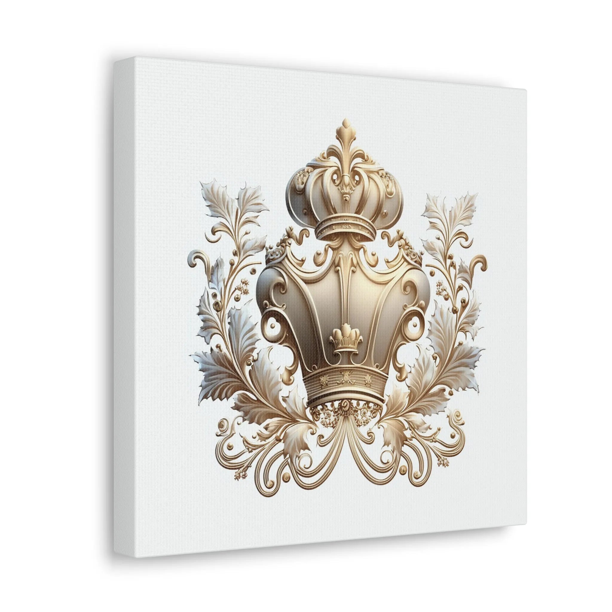 Side view of a regal white and gold crown crest gallery-wrapped canvas print showcasing intricate baroque embellishments