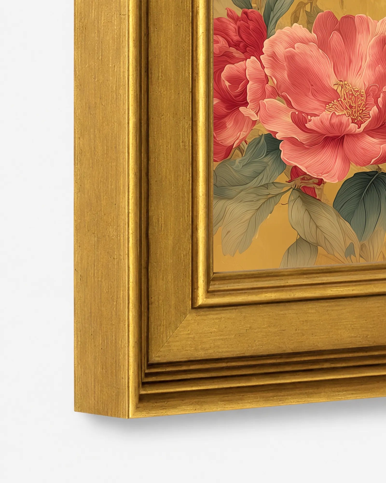 Close-up detail of the burnished antique gold wood frame used for Rose Finches in Golden Peonies framed wall art, showing the profile, finish, and craftsmanship.