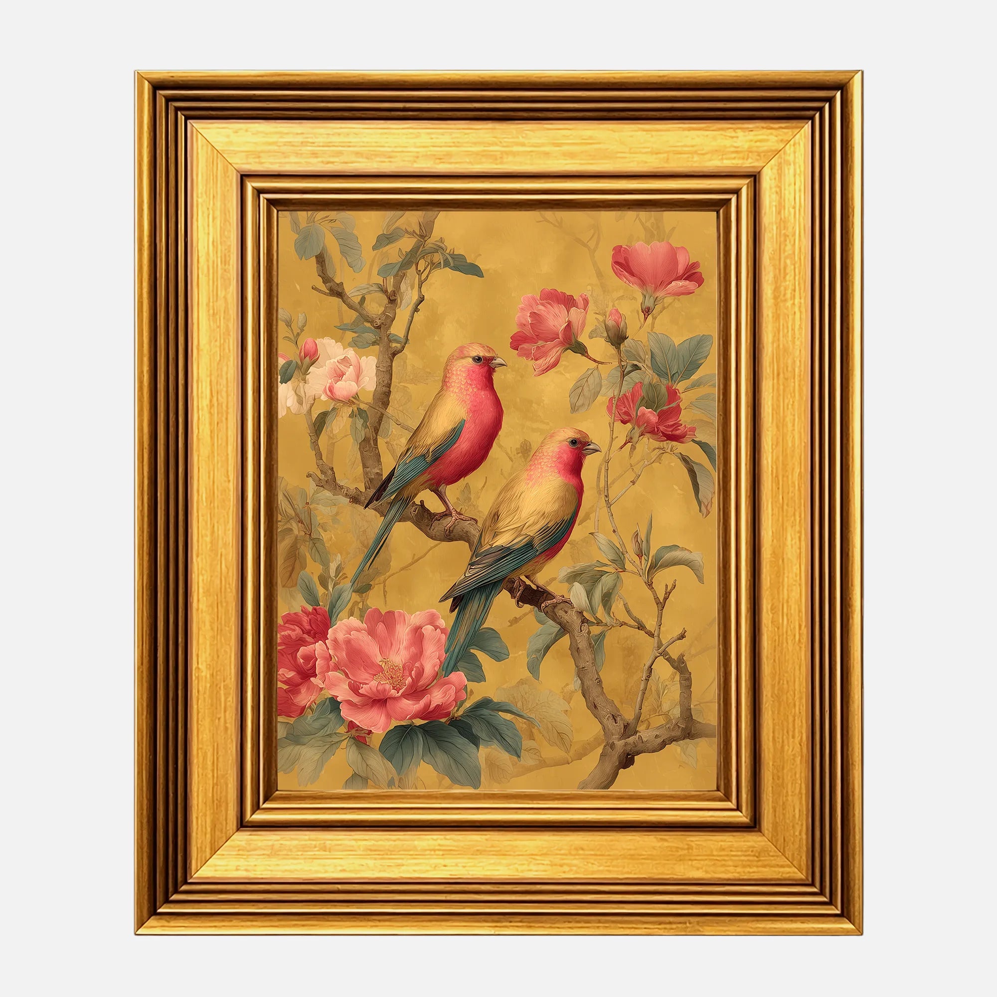 Rose Finches in Golden Peonies framed wall art in a burnished antique gold frame, 8 x 10 inch print size with 11.5 x 13.5 inch framed dimensions.