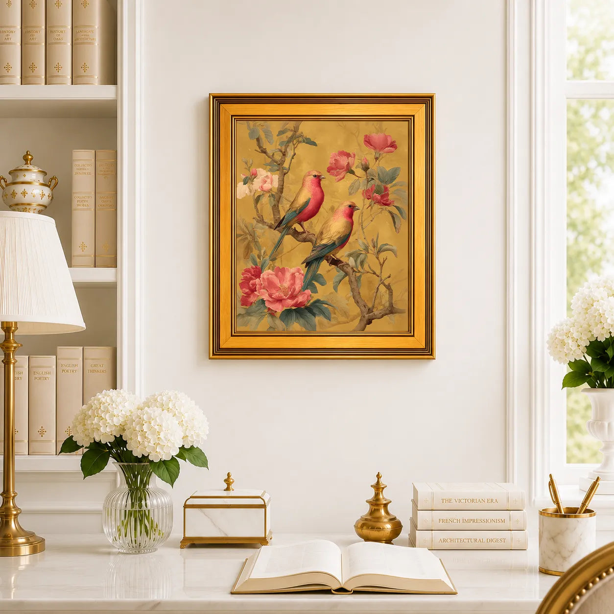 Large Rose Finches in Golden Peonies framed wall art displayed in a traditional study with peonies, antique books, brass accents, and a burnished antique gold frame.
