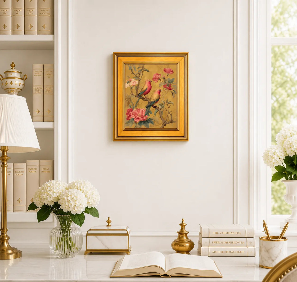 Small Rose Finches in Golden Peonies framed wall art displayed in an elegant traditional study with antique books, peonies, brass accents, and a burnished antique gold frame.