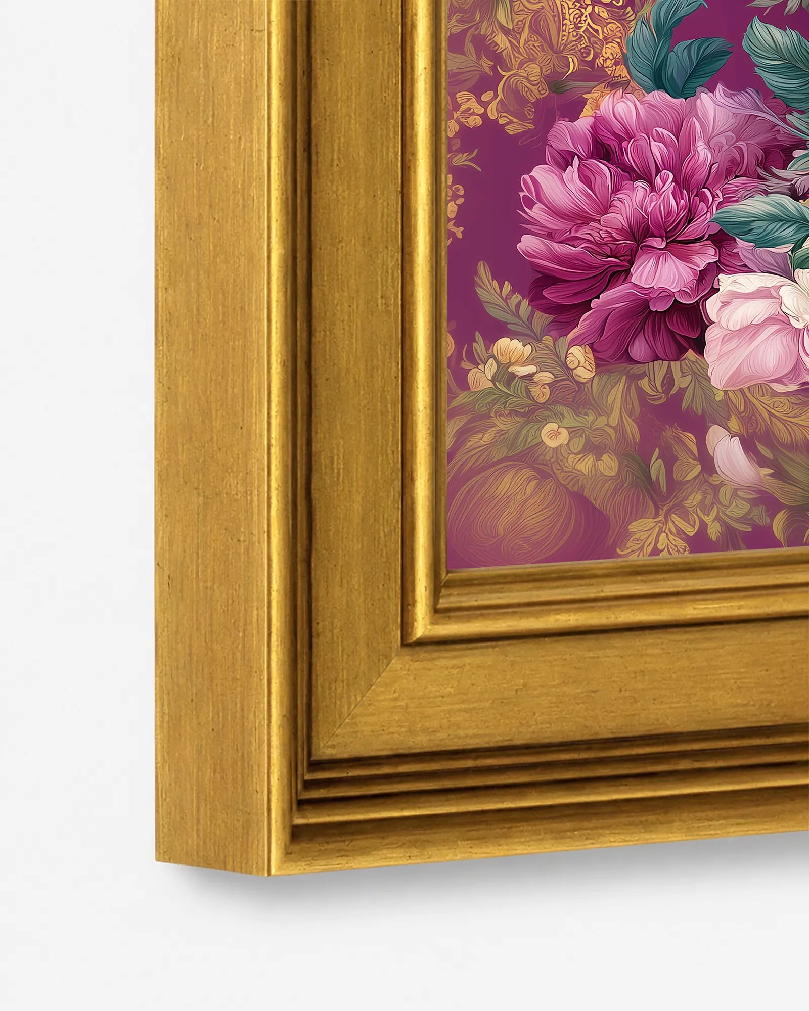 Close-up detail of the burnished antique gold wood frame used for Rose Peonies Coffee Pot framed wall art, showing the profile, finish, and craftsmanship.