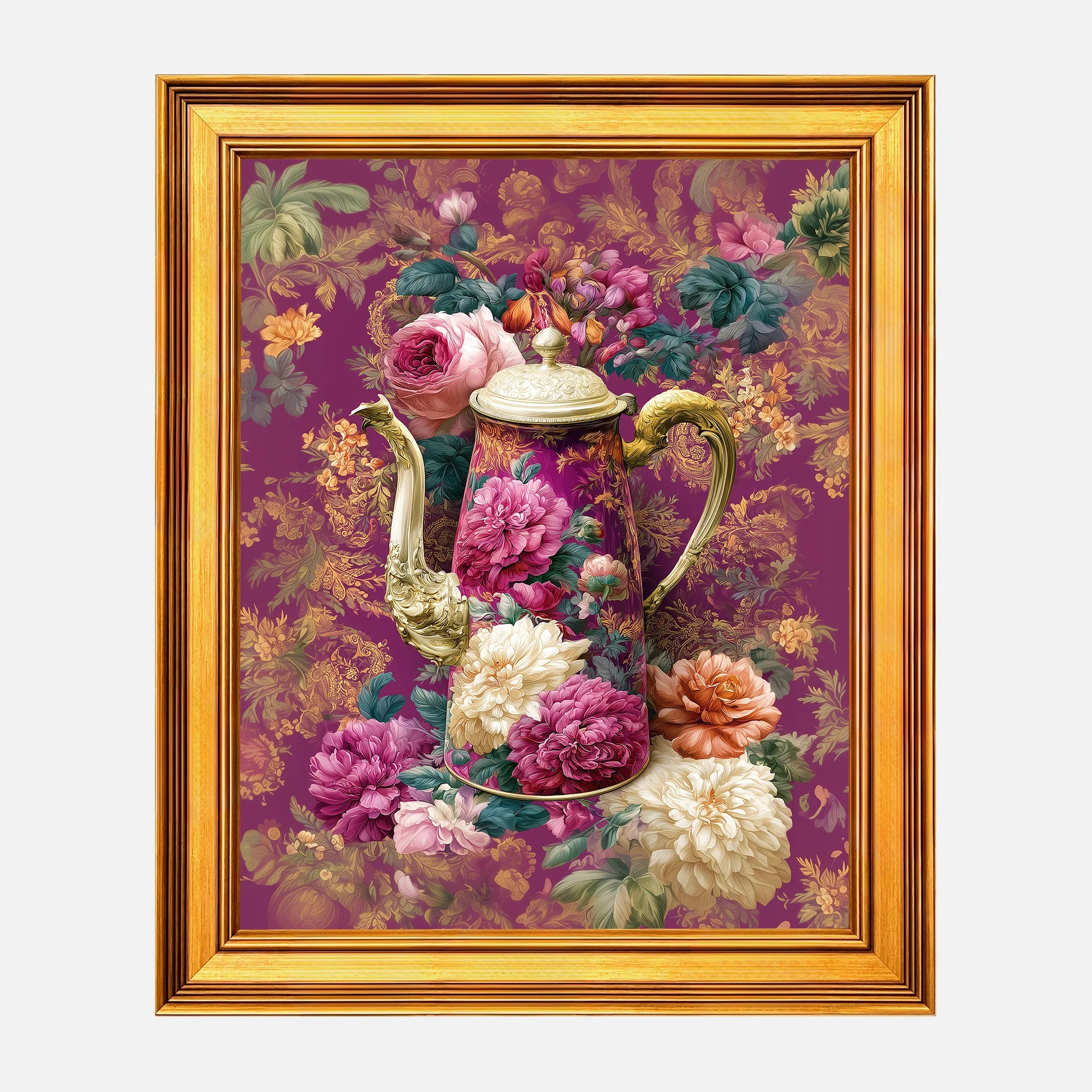 Rose Peonies Coffee Pot framed wall art in a burnished antique gold frame, 16 x 20 inch print size with 19.5 x 23.5 inch framed dimensions.