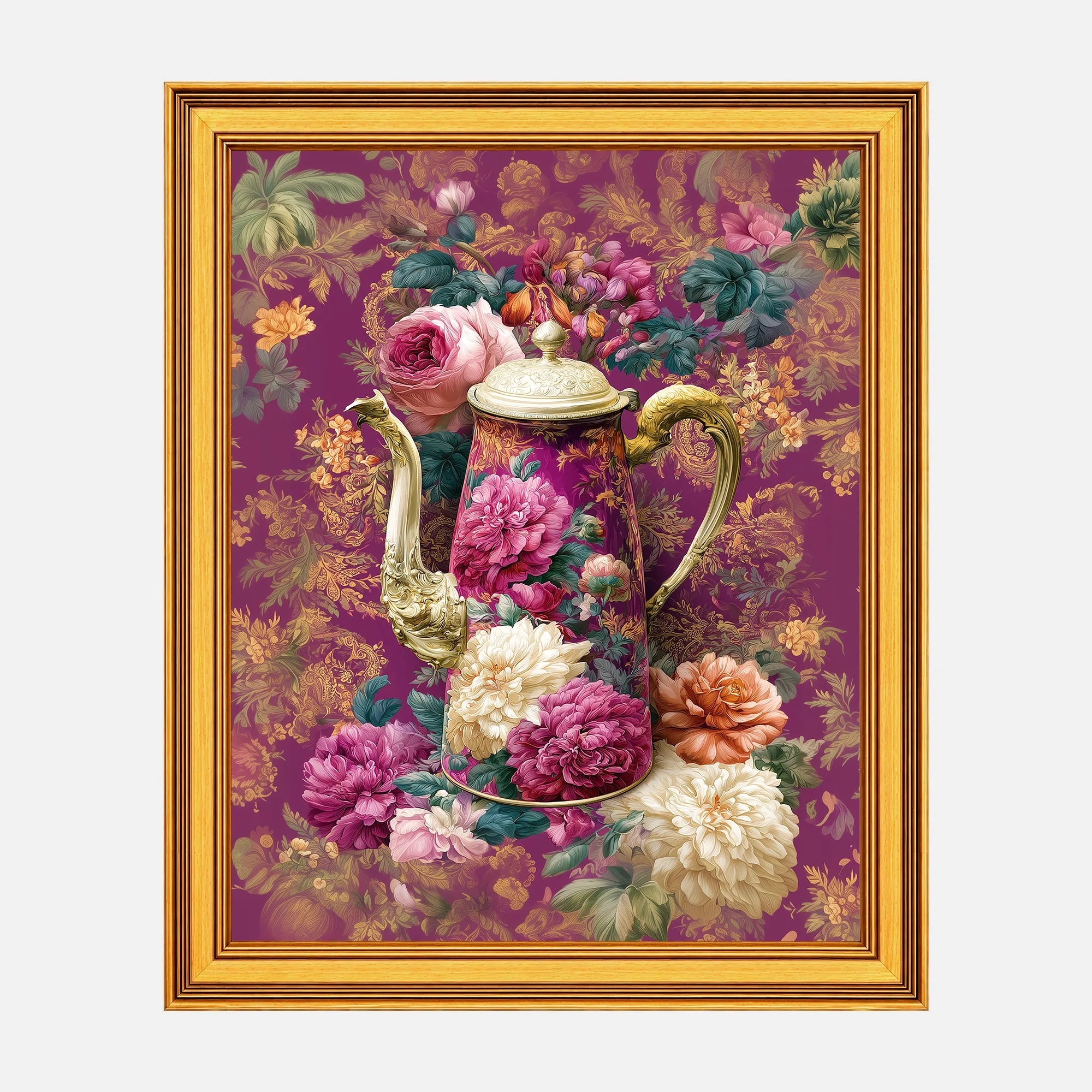 Rose Peonies Coffee Pot framed fine art print in a burnished antique gold frame, 20 x 25 inch print size with 23.5 x 28.5 inch framed dimensions.