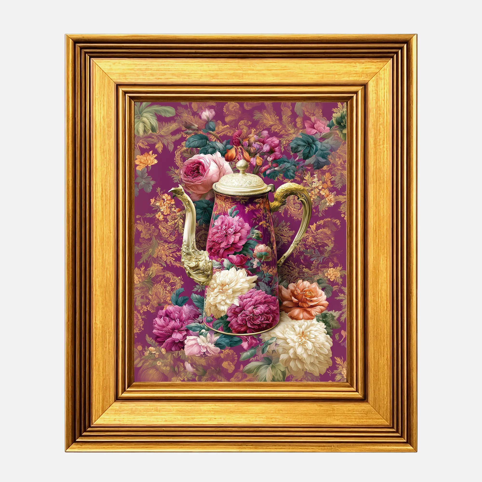 Rose Peonies Coffee Pot framed wall art in a burnished antique gold frame, 8 x 10 inch print size with 11.5 x 13.5 inch framed dimensions.