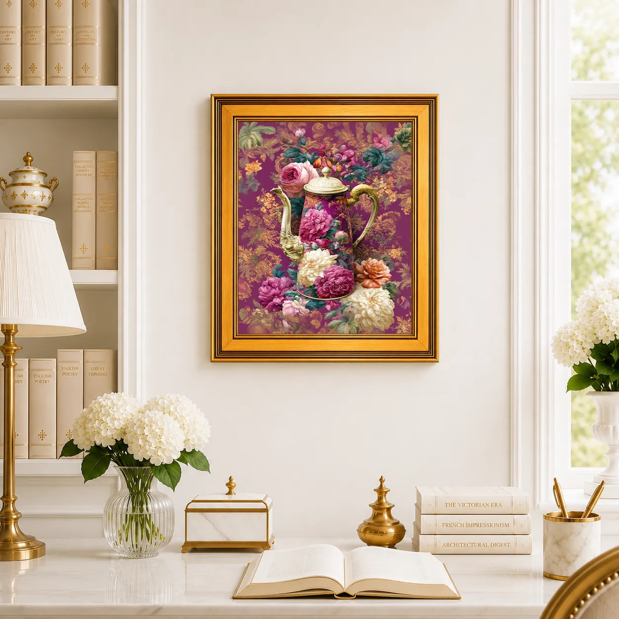 Rose Peonies Coffee Pot framed wall art displayed above a traditional desk with peonies, books, brass decor, and a burnished antique gold frame.