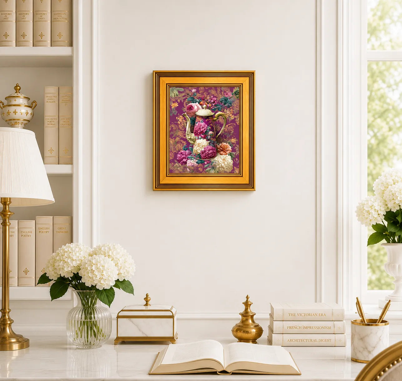 Small Rose Peonies Coffee Pot framed wall art displayed in an elegant traditional study with antique books, peonies, brass accents, and a burnished antique gold frame.