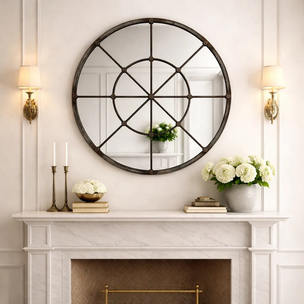 Decorative round mirror on a wall above a fireplace with candles and flowers.