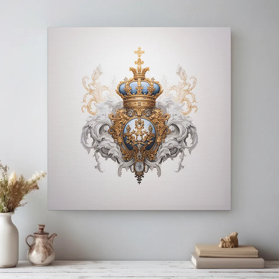 Royal blue and gold crest canvas displayed above a light wood shelf, showing intricate baroque detailing and elegant metallic accents in a refined, neutral interior