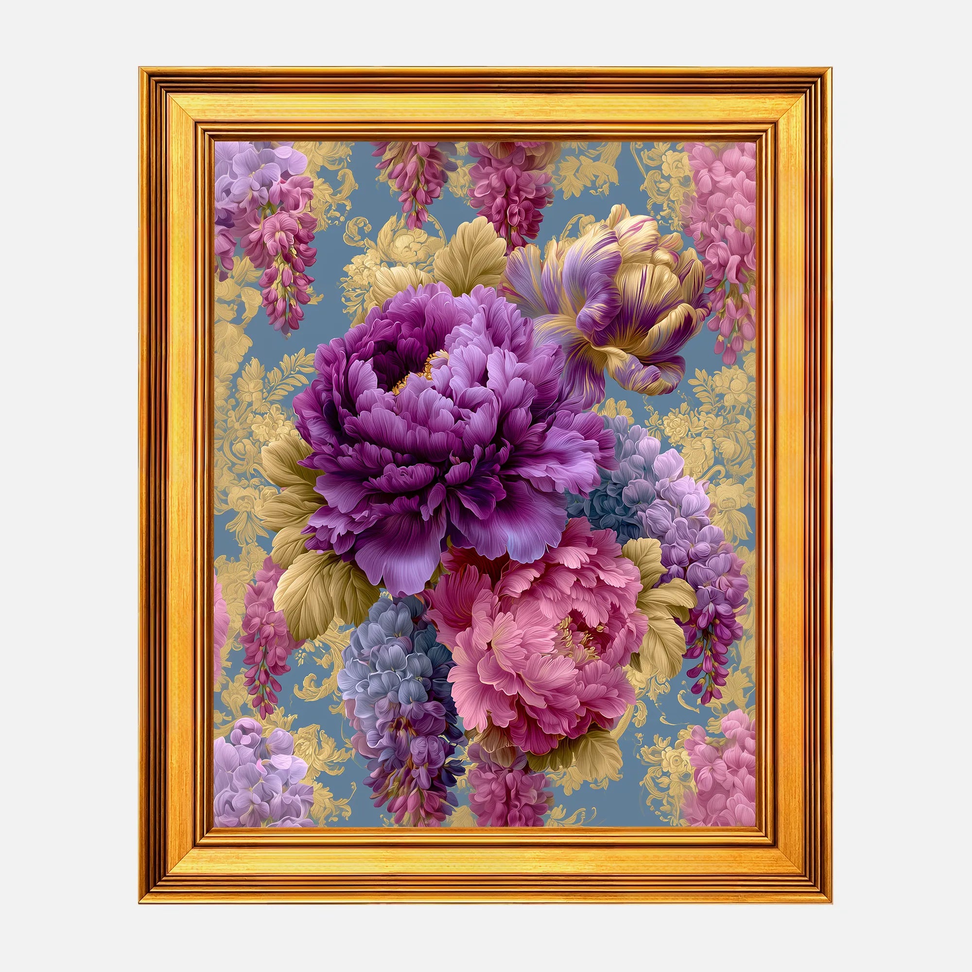 Royal Peonies and Cascading Wisteria framed wall art in a burnished antique gold frame, 16 x 20 inch print size with 19.5 x 23.5 inch framed dimensions.