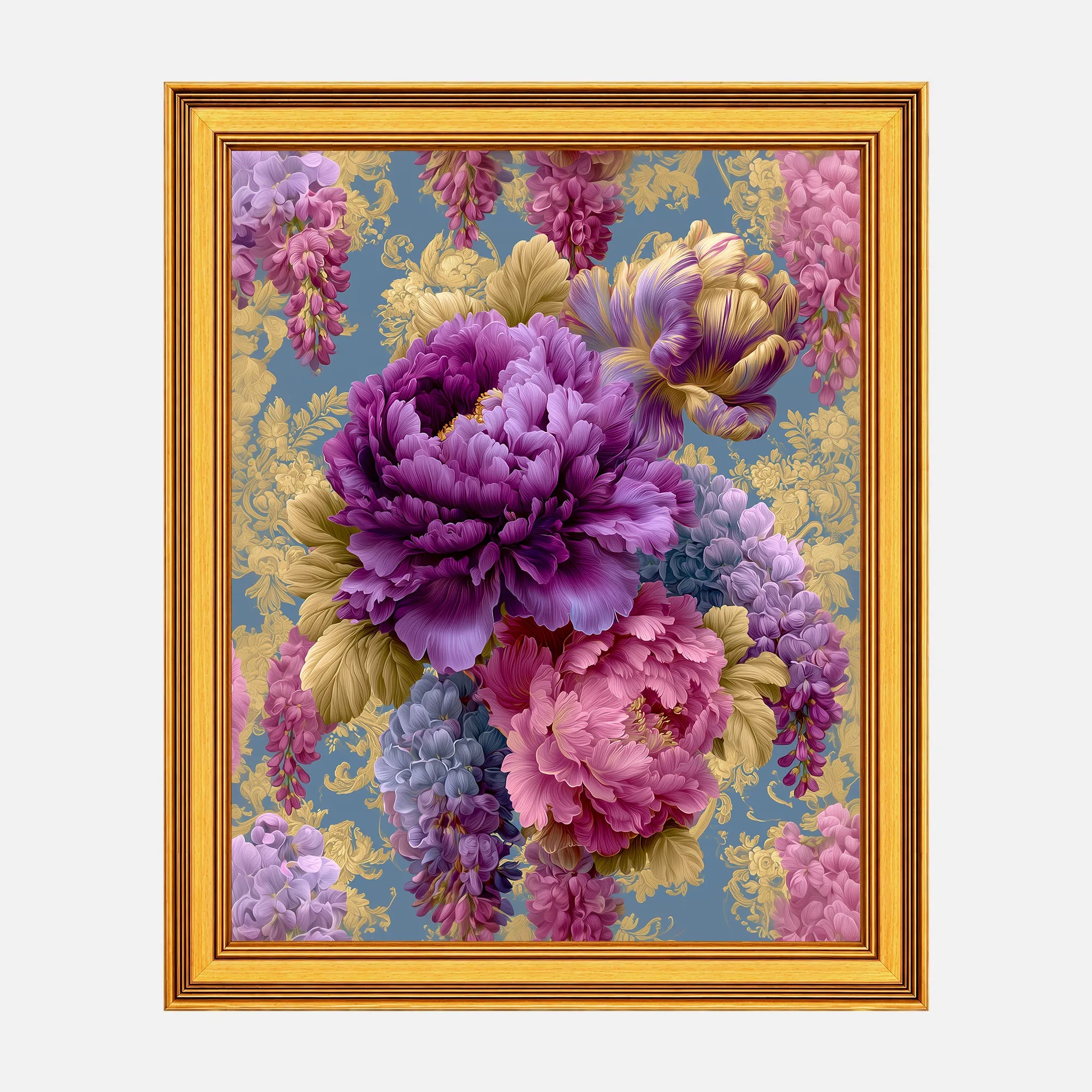 Royal Peonies and Cascading Wisteria framed fine art print in a burnished antique gold frame, 20 x 25 inch print size with 23.5 x 28.5 inch framed dimensions.