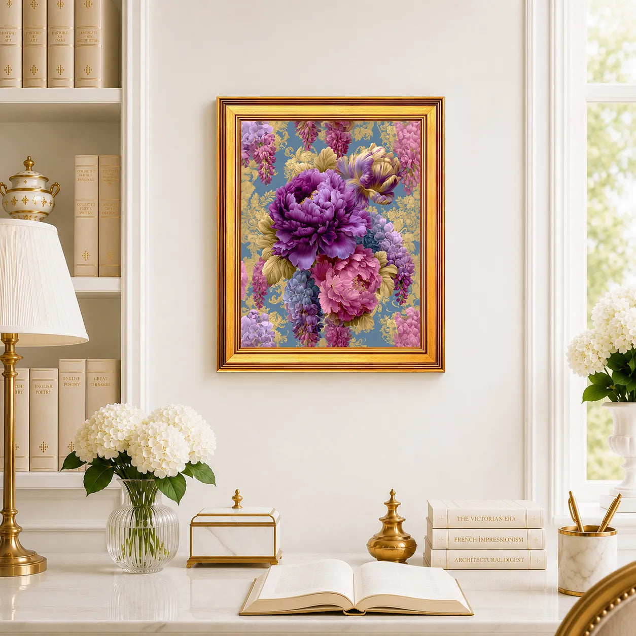 Royal Peonies and Cascading Wisteria framed wall art displayed above a traditional desk with peonies, books, brass decor, and a burnished antique gold frame.