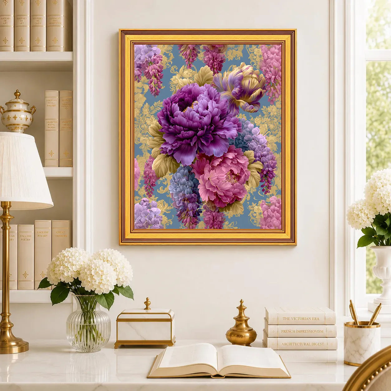 Large Royal Peonies and Cascading Wisteria framed wall art displayed in a traditional study with peonies, antique books, brass accents, and a burnished antique gold frame.