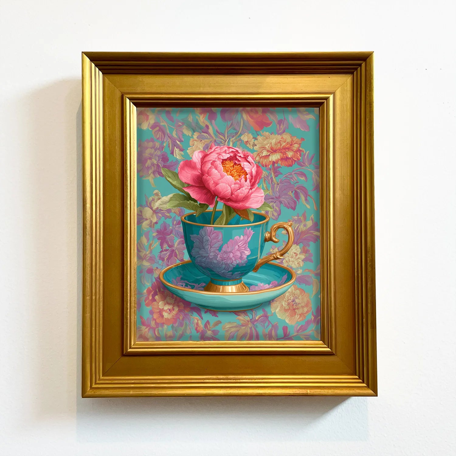 Coral Peony in Aqua Teacup | Framed Wall Art