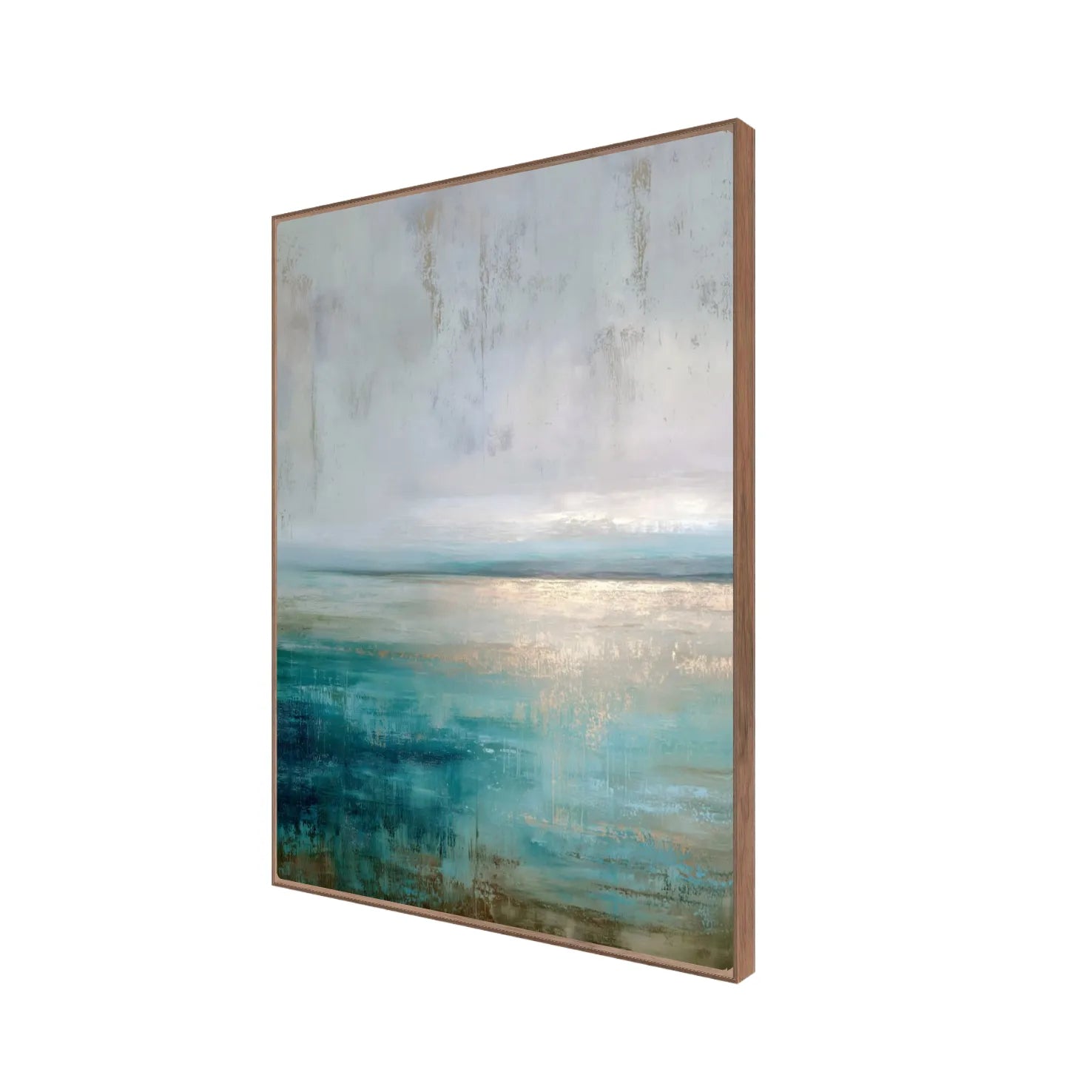 Side view of walnut-framed teal abstract floating canvas — large 40x50 coastal landscape print showing frame depth and satin canvas texture