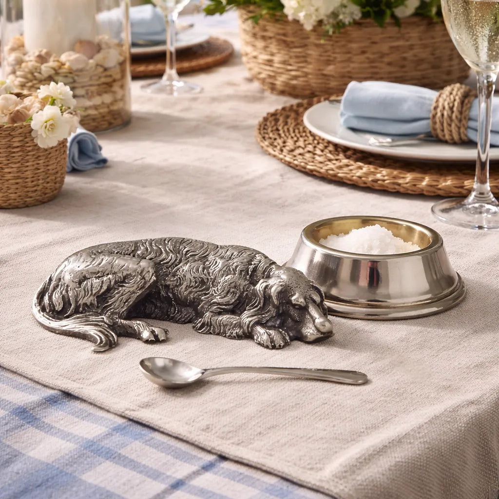 Silver-plated Irish setter dog salt cellar with a spoon on a coastal table setting.
