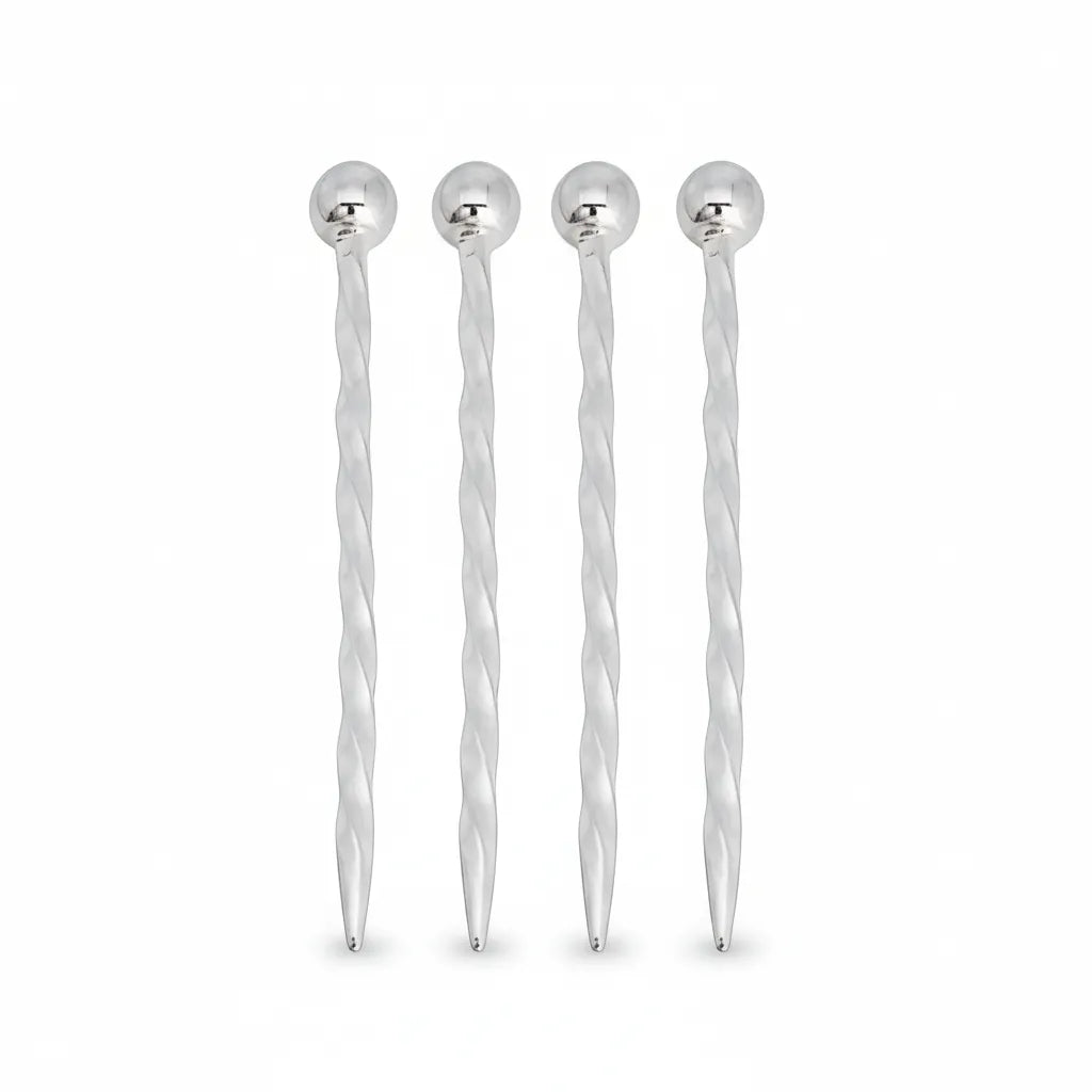 Four silver plated Martini Cocktail Sticks 4" with twisted design on a white background