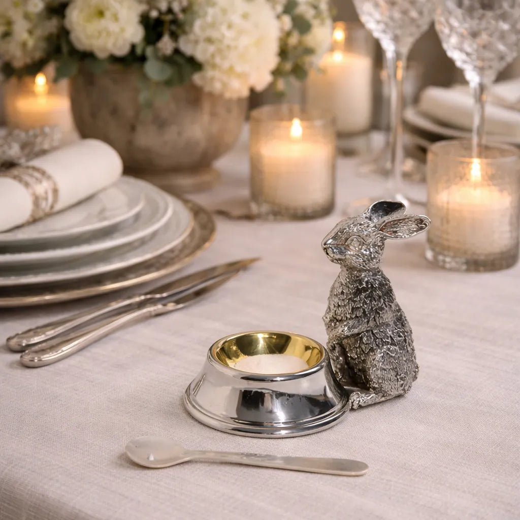 Silver rabbit-shaped salt cellar and spoon on a table with candles and silverware