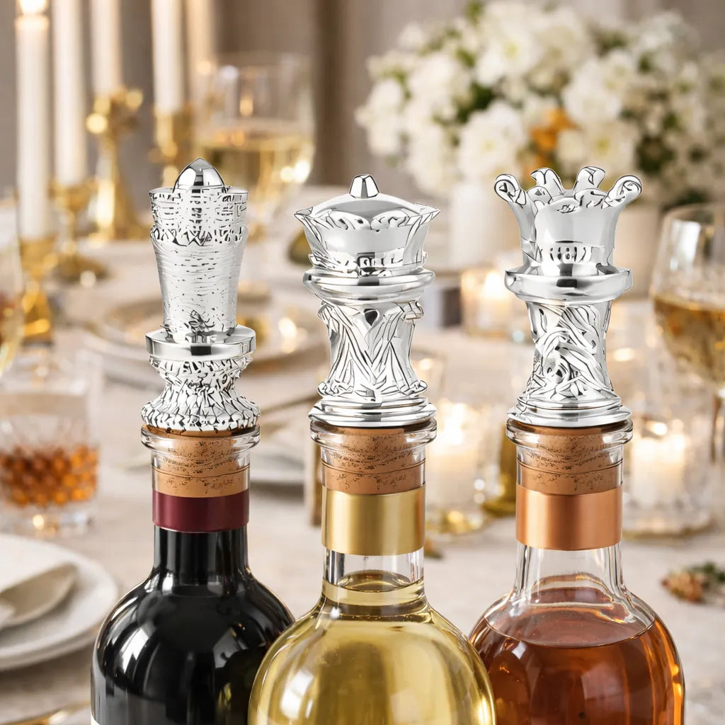 Silver plate wine bottle stoppers set of 3 with crown tops in red, white, and rosé wine bottles on an elegant candlelit dinner table